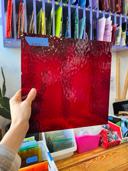 Ruby Red Rough Rolled Transparent Oceanside Fusible 96 COE (152RR-F) Sheet Glass Colorado Glassworks OS-RUBYRED-R-1 (12x12in)
