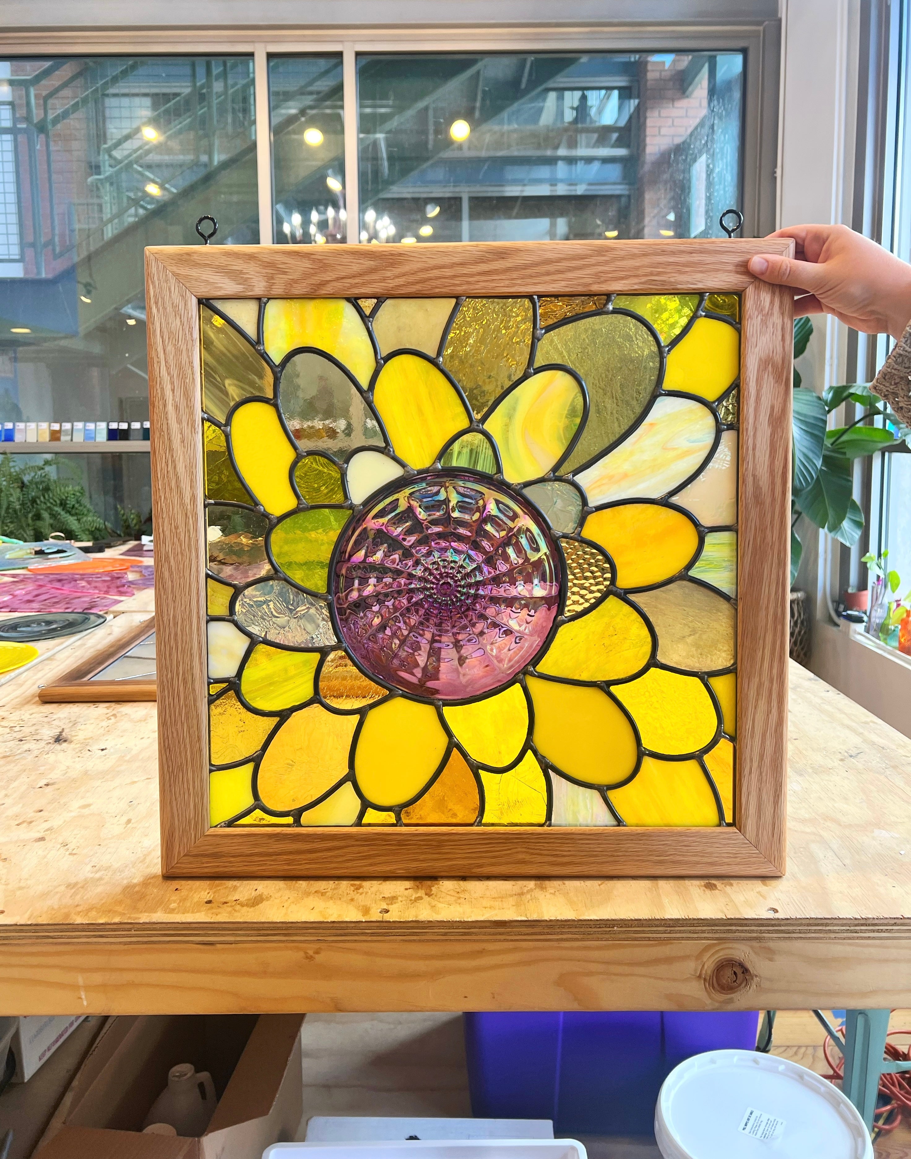Leaded Yellow & Purple Flower (Large Panel) Finished Pieces Colorado Glassworks   