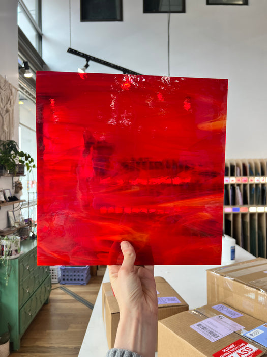 Red White Wispy Oceanside Fusible 96 COE Sheet Glass Colorado Glassworks