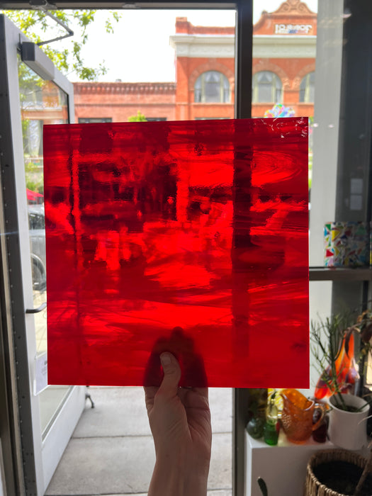 Red White Wispy Oceanside Fusible 96 COE Sheet Glass Colorado Glassworks