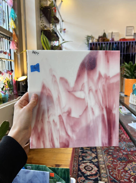 Bullseye White Pink Wispy Sheet Glass Colorado Glassworks