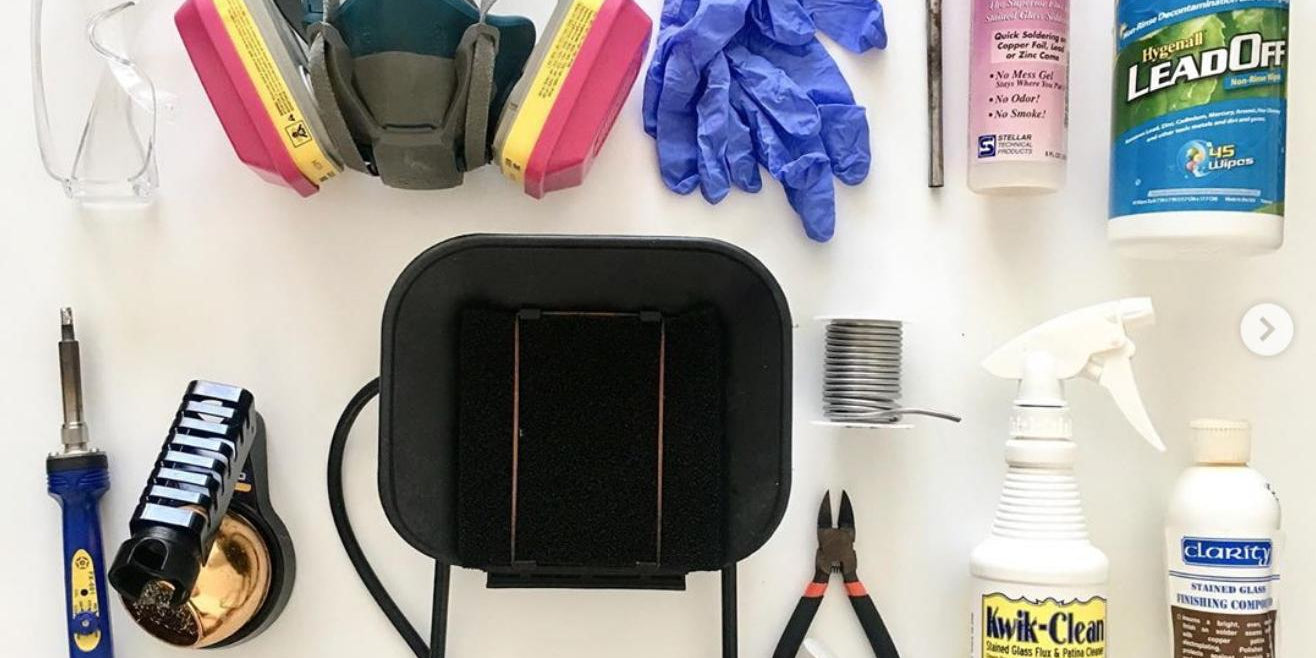 Flat lay of tools needed for stained glass