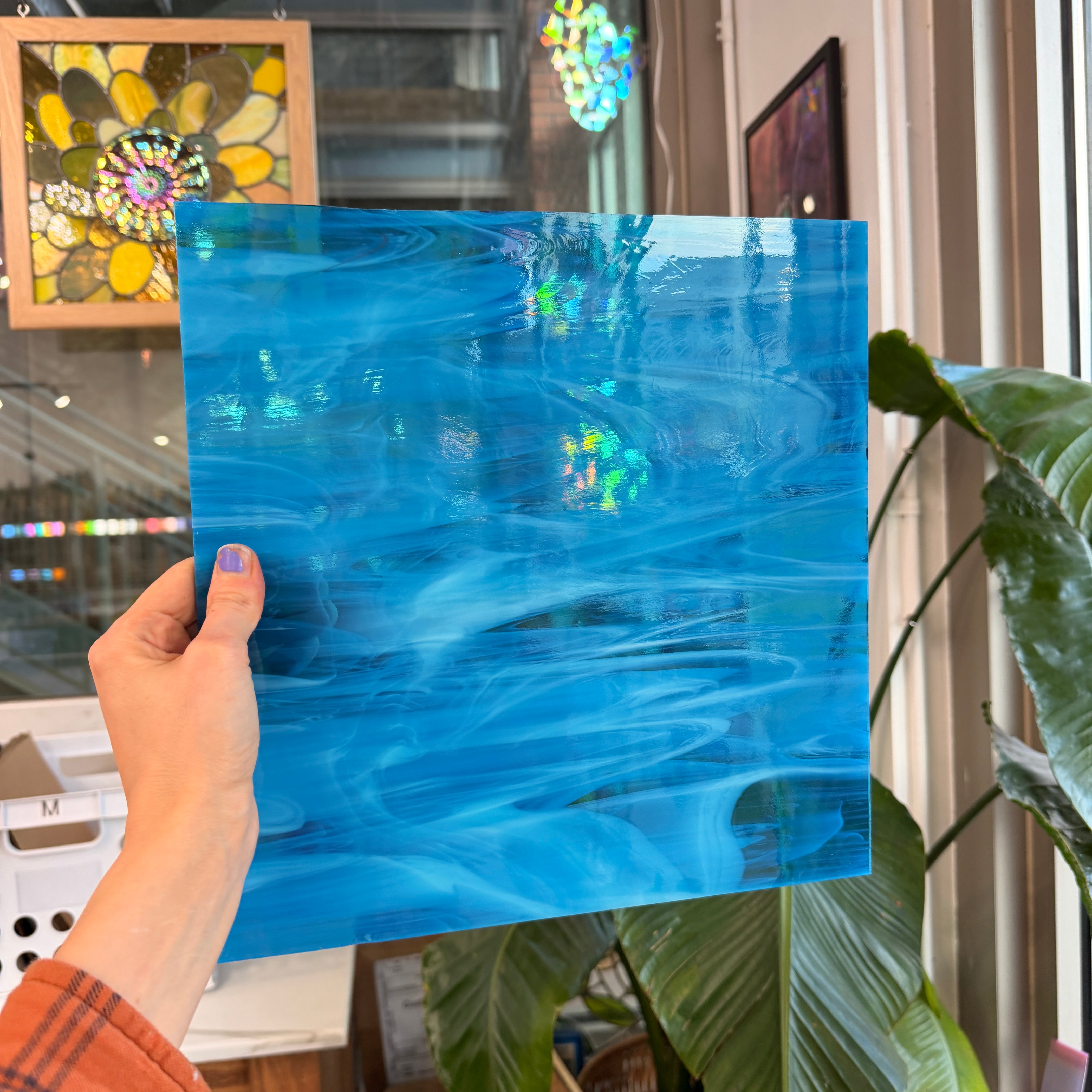 NEW! Blue Topaz and White Wispy Oceanside Fusible 96 COE (OGT 833.92F) Sheet Glass Colorado Glass Works