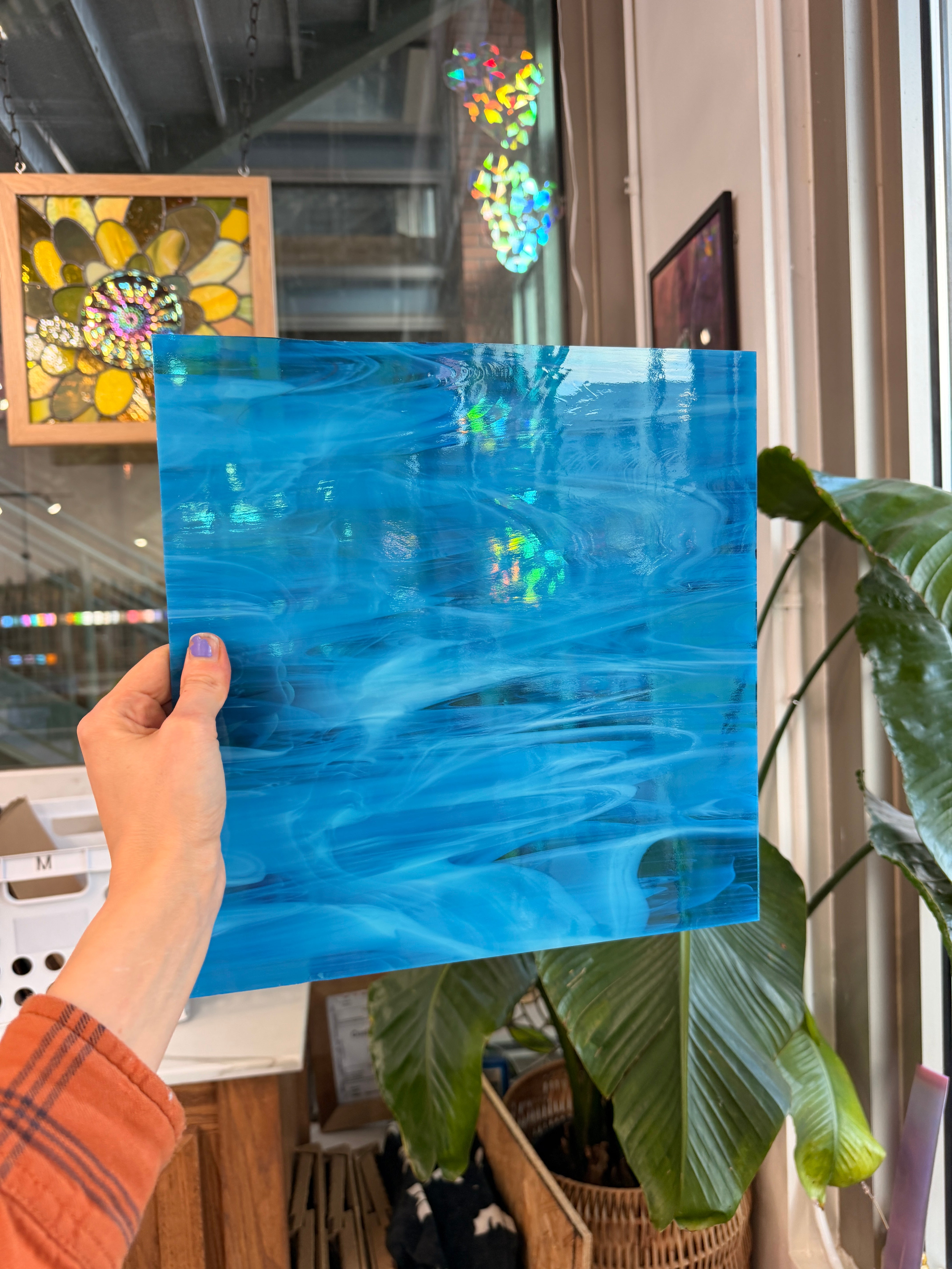 NEW! Blue Topaz and White Wispy Oceanside Fusible 96 COE (OGT 833.92F) Sheet Glass Colorado Glass Works