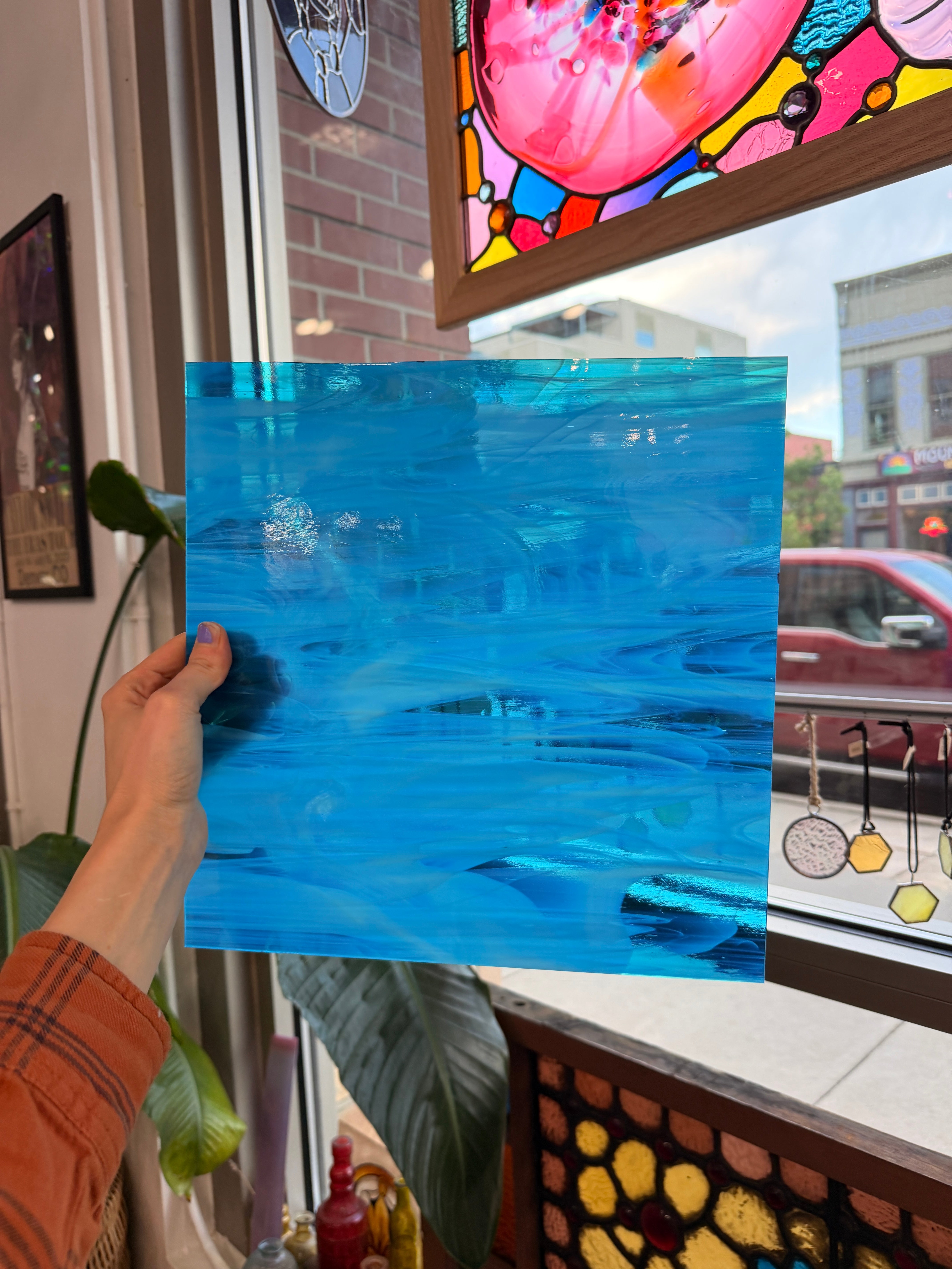 NEW! Blue Topaz and White Wispy Oceanside Fusible 96 COE (OGT 833.92F) Sheet Glass Colorado Glass Works
