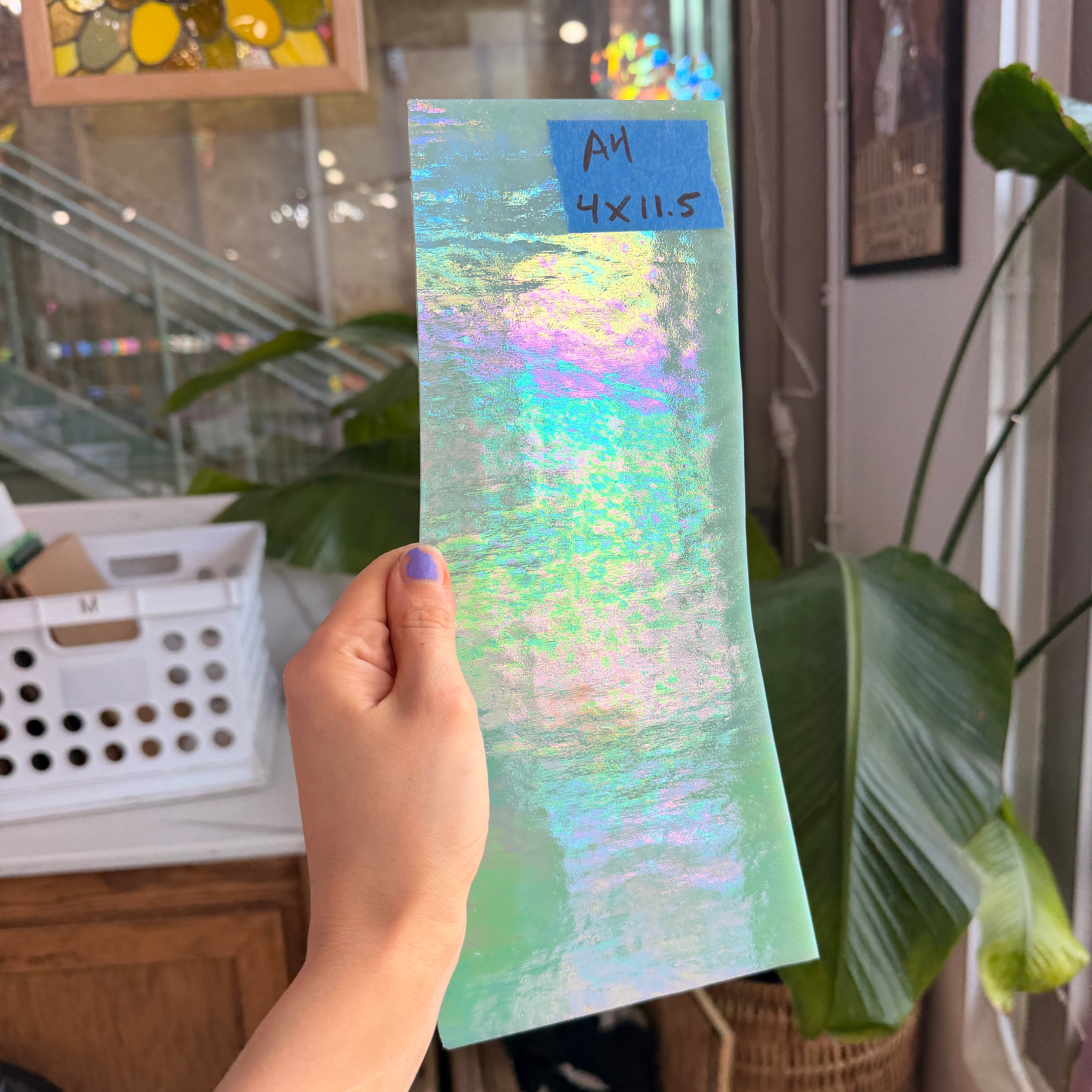 Pale Green Iridescent Wissmach Fusible 96 COE Fusible Sheet Glass Wissmach Glass 4x11.5in (WM-67440685)