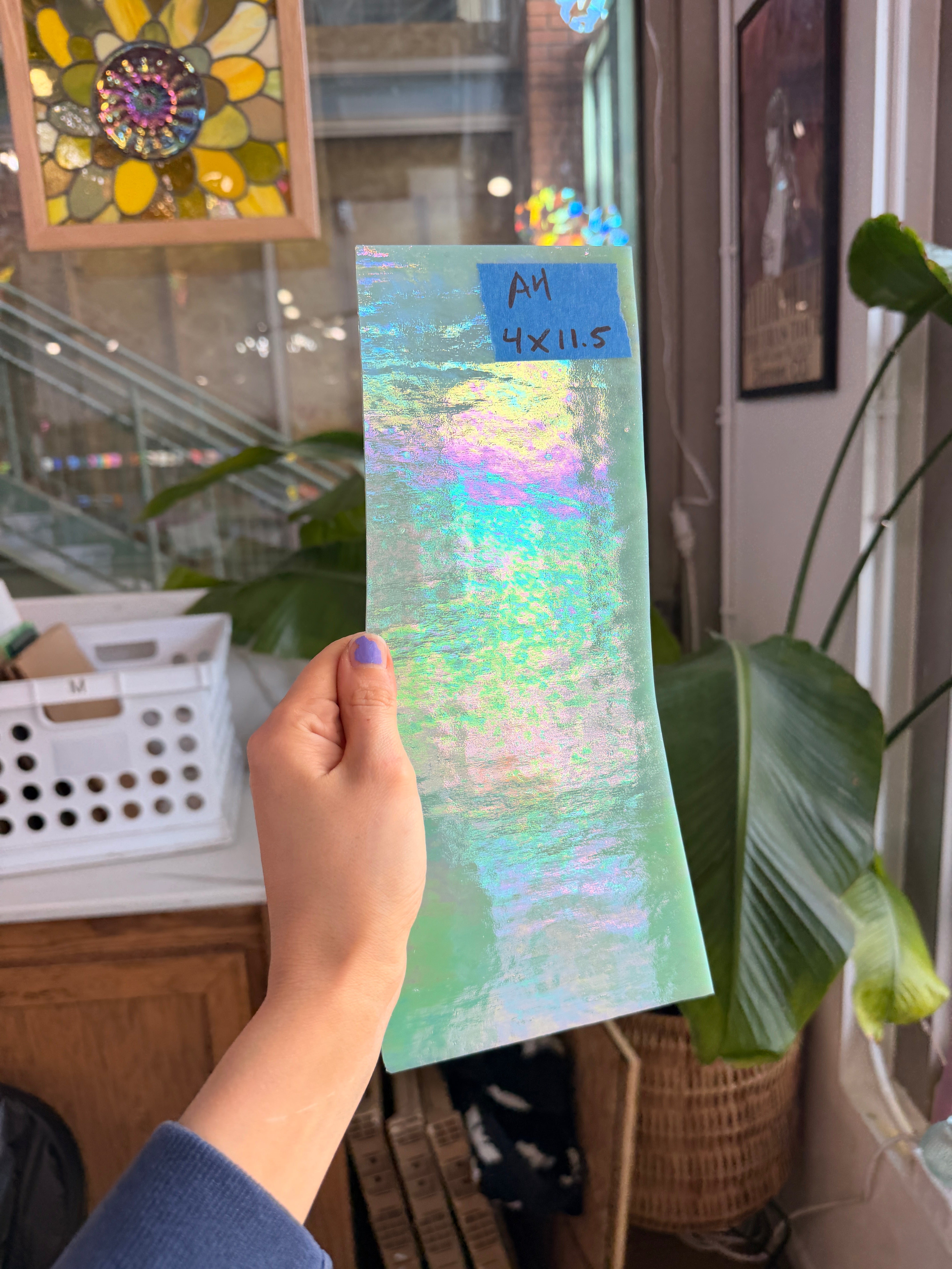 Pale Green Iridescent Wissmach Fusible 96 COE Fusible Sheet Glass Wissmach Glass 4x11.5in (WM-67440685)