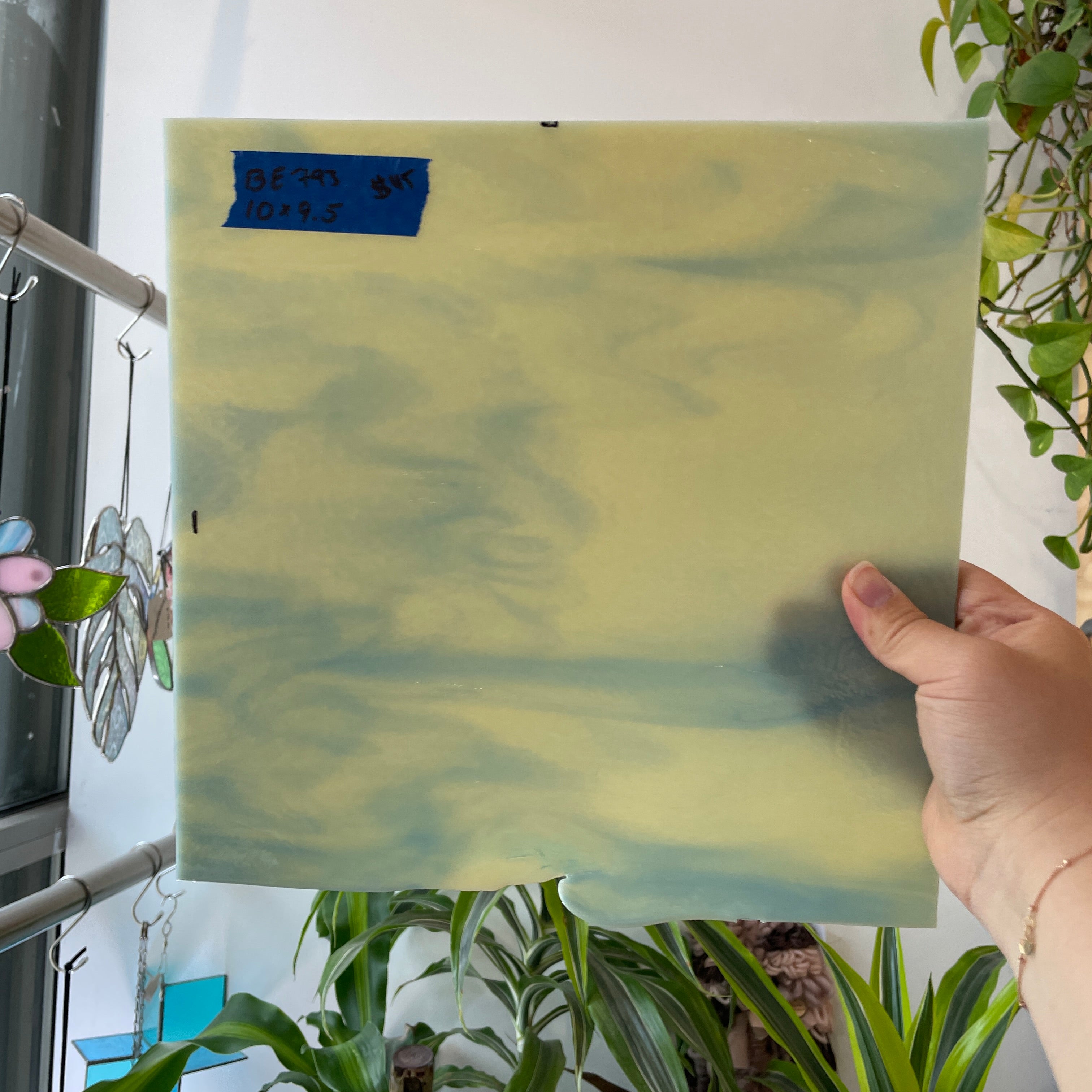 Cream Blue Wispy Bullseye 90 COE Sheet Glass Bullseye BE793 (10x9.5in)