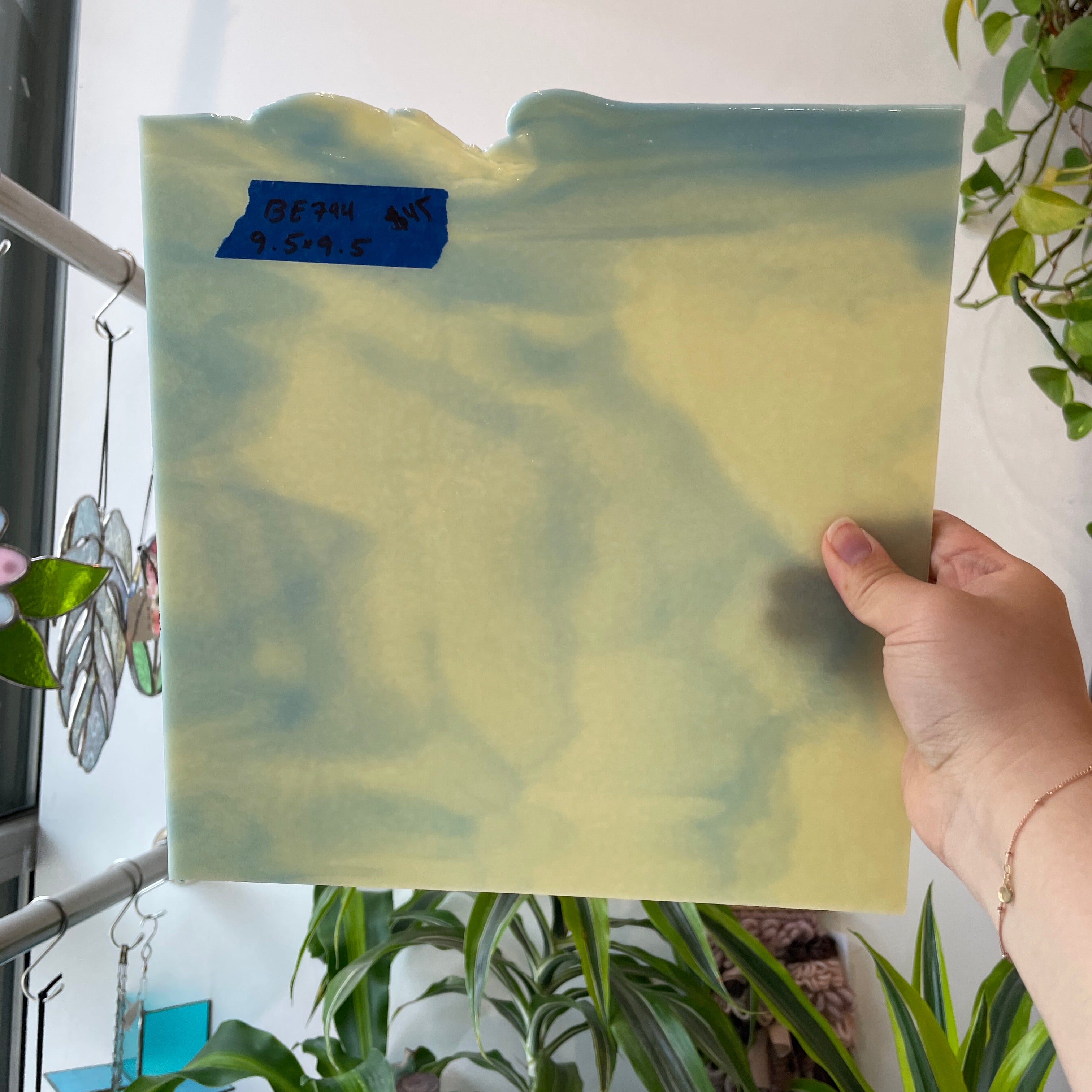 Cream Blue Wispy Bullseye 90 COE Sheet Glass Bullseye BE794 (9.5x9.5in)