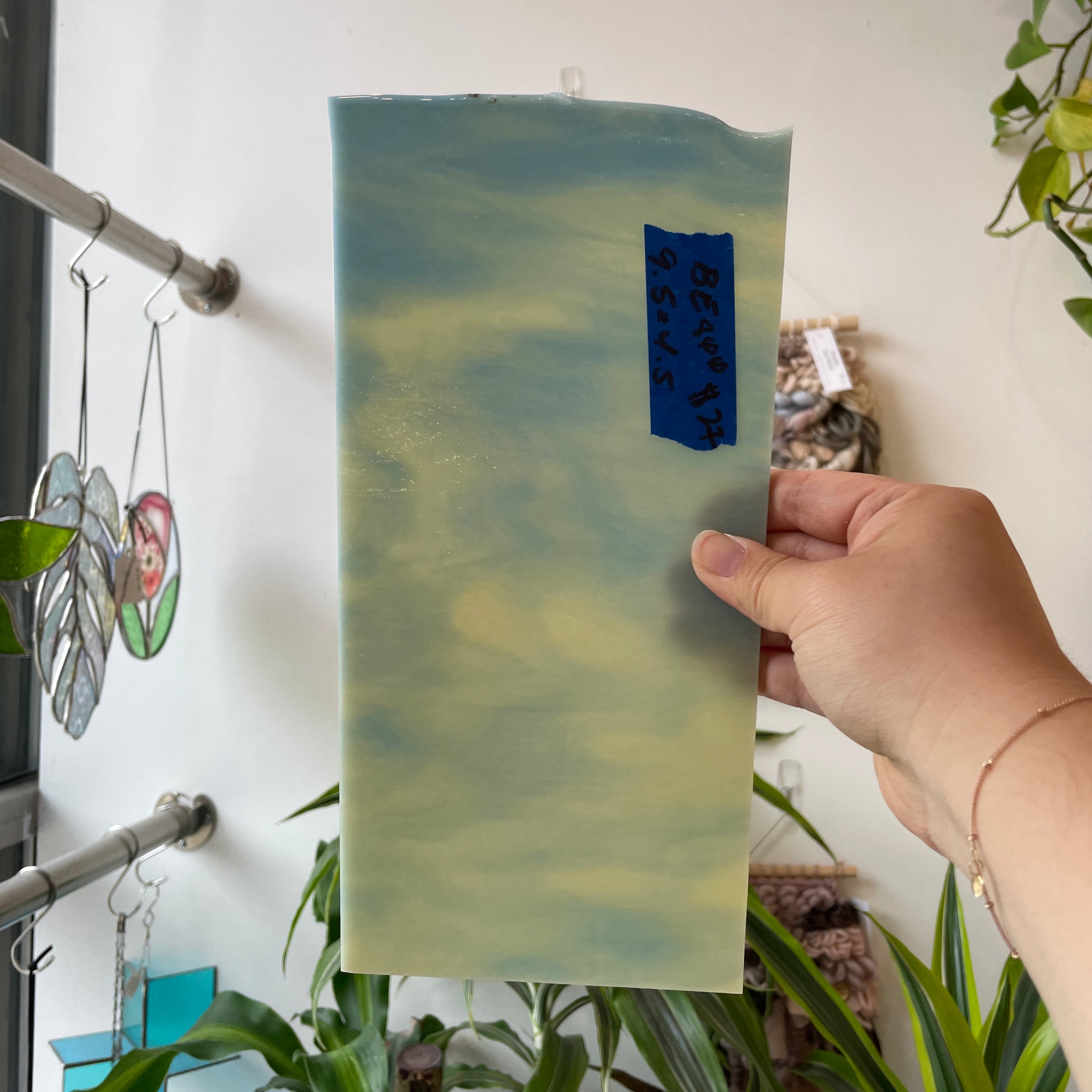 Cream Blue Wispy Bullseye 90 COE Sheet Glass Bullseye BE800 (9.5x4.5in)