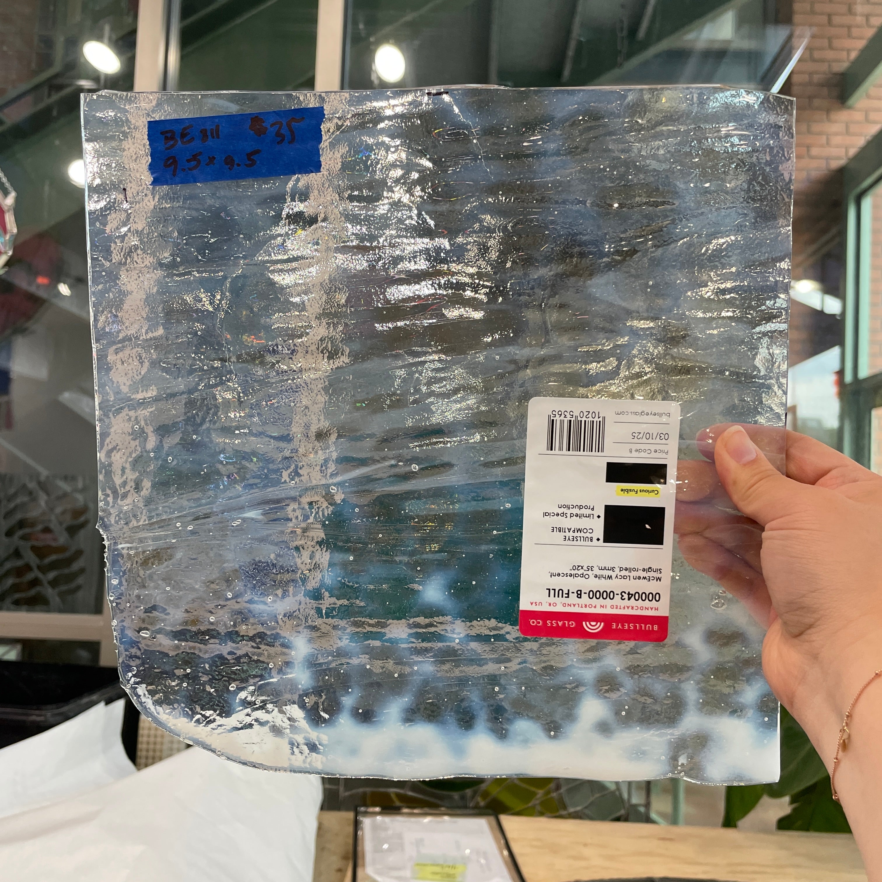 Wispy White Opalescent Bullseye 90 COE Sheet Glass Colorado Glassworks BE811 (9.5x9.5in)