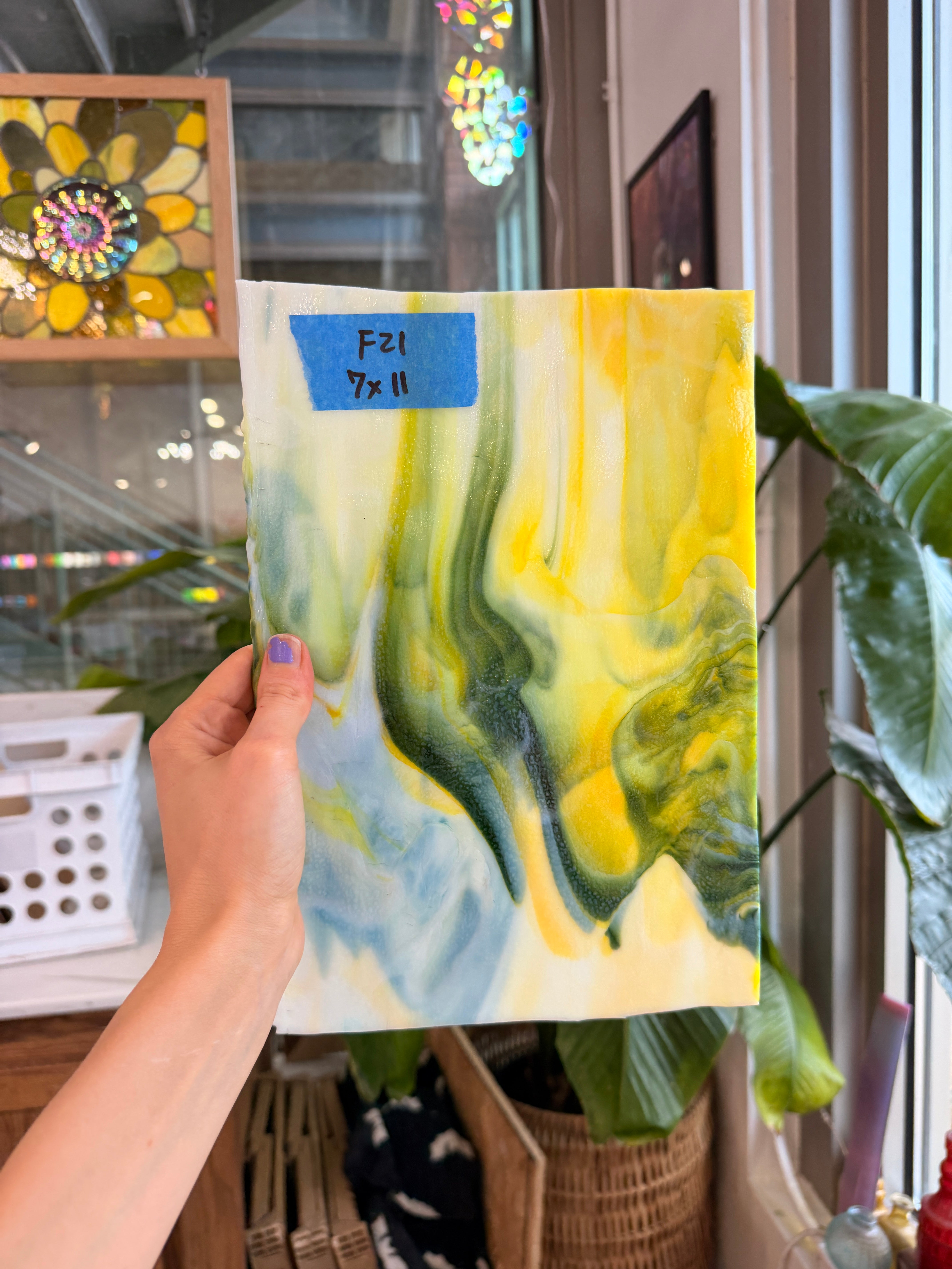 Mottled Green Yellow White Mixed Uroboros Fusible Sheet Glass Uroboros Glass 7x11in (UR-76086573)