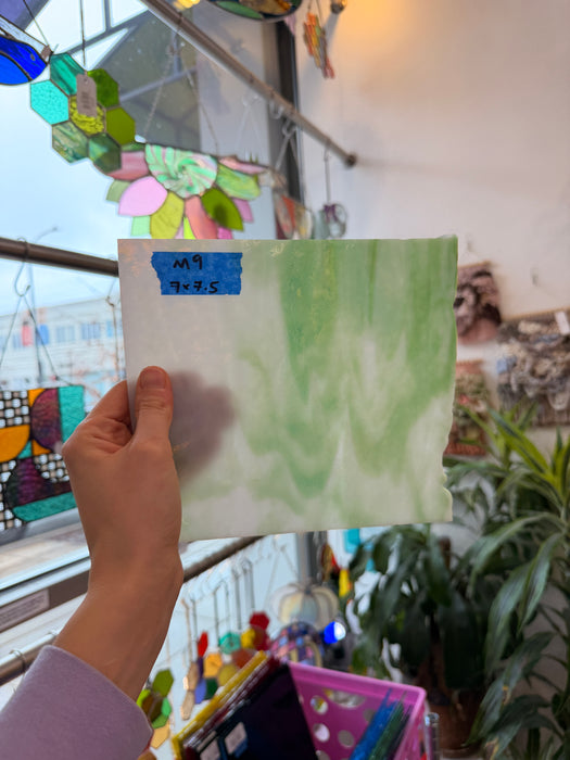 Vintage Green White Dappled Bullseye Sheet Glass Colorado Glass Works