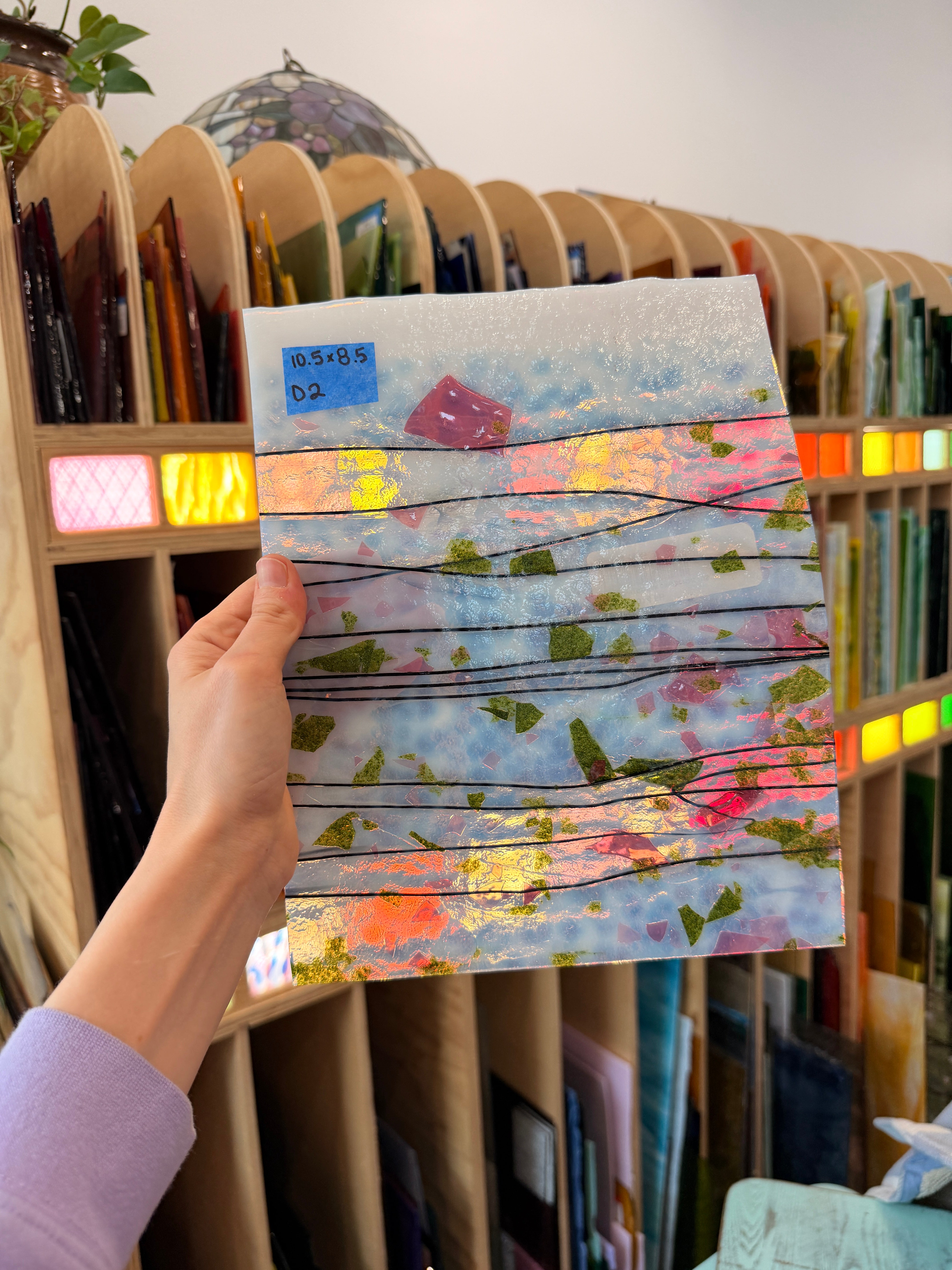 Bullseye White Pink Green Fracture and Black Stringer Glass Fusible 90 COE Sheet Glass Colorado Glassworks 10.5x8.5in (BE-22119213)