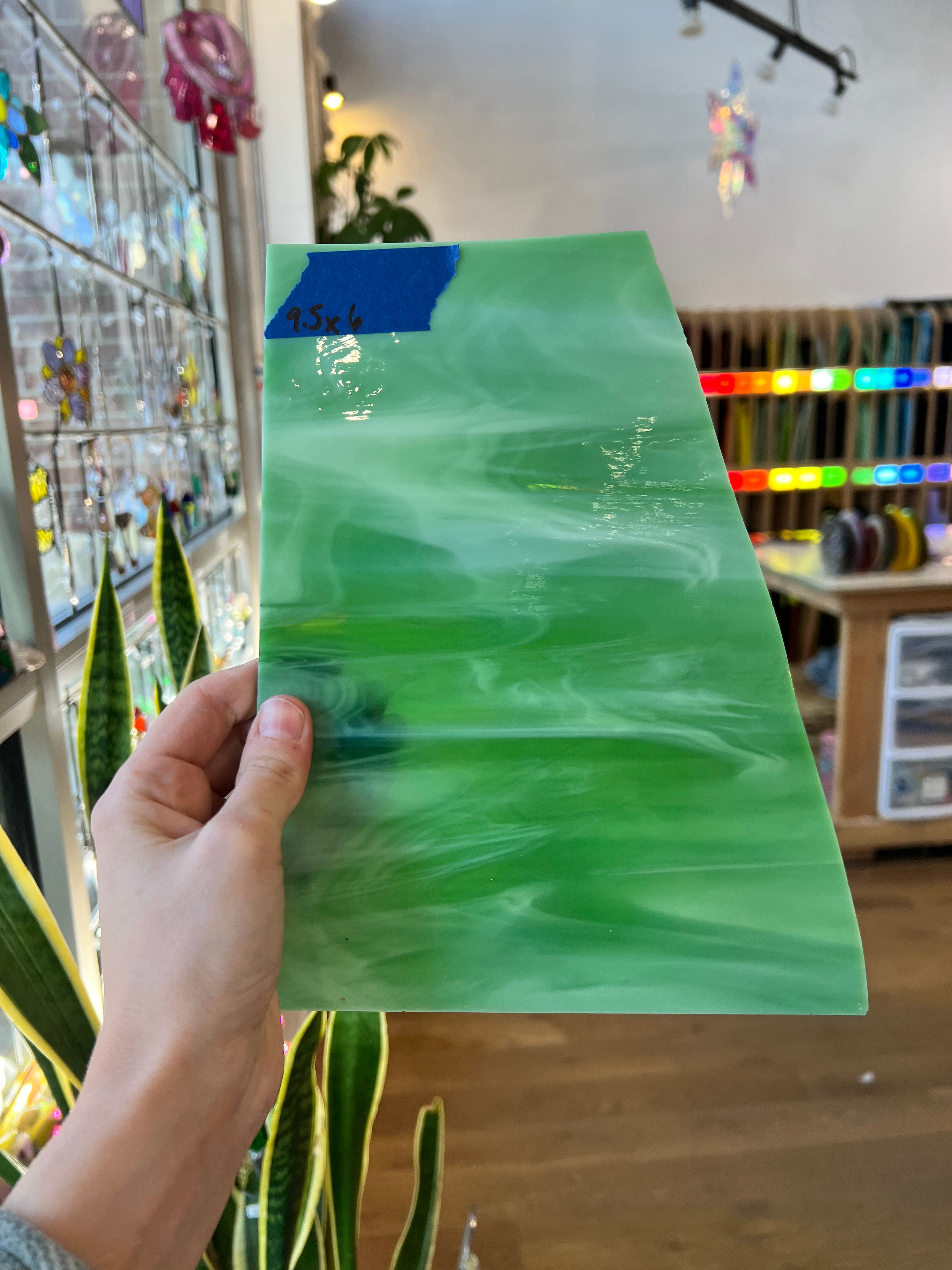 Light Green White Wispy Spectrum Sheet Glass Colorado Glassworks SP1789 (6x9.5in)