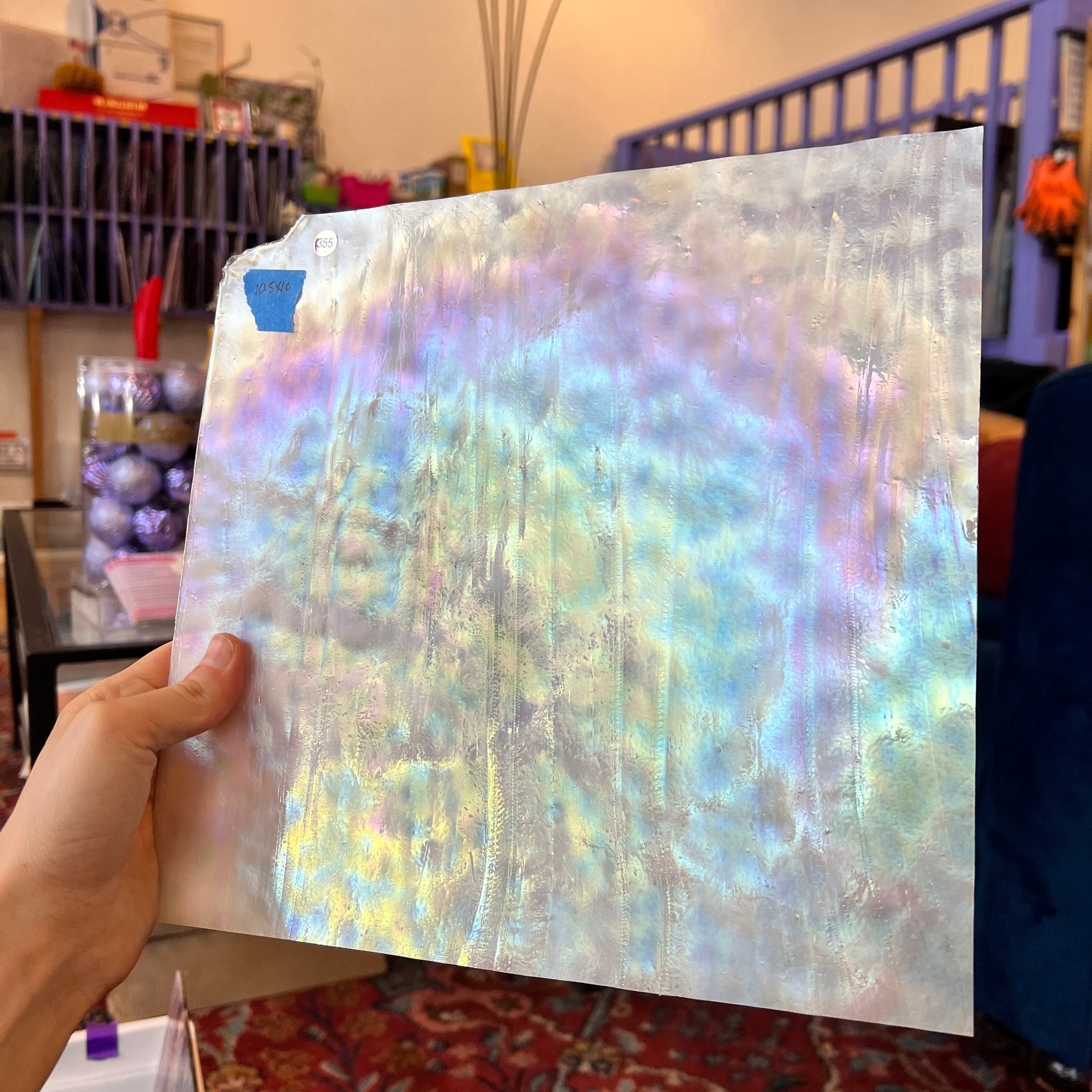Iridescent White Mottled Youghiogheny Sheet Glass Colorado Glassworks YG-WHITE-MOTT-I (10x10in)