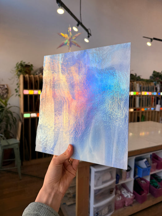 Rocky Mountain Skys Dark Blue White Clear Iridescent Fusible 90 COE Sheet Glass Colorado Glassworks