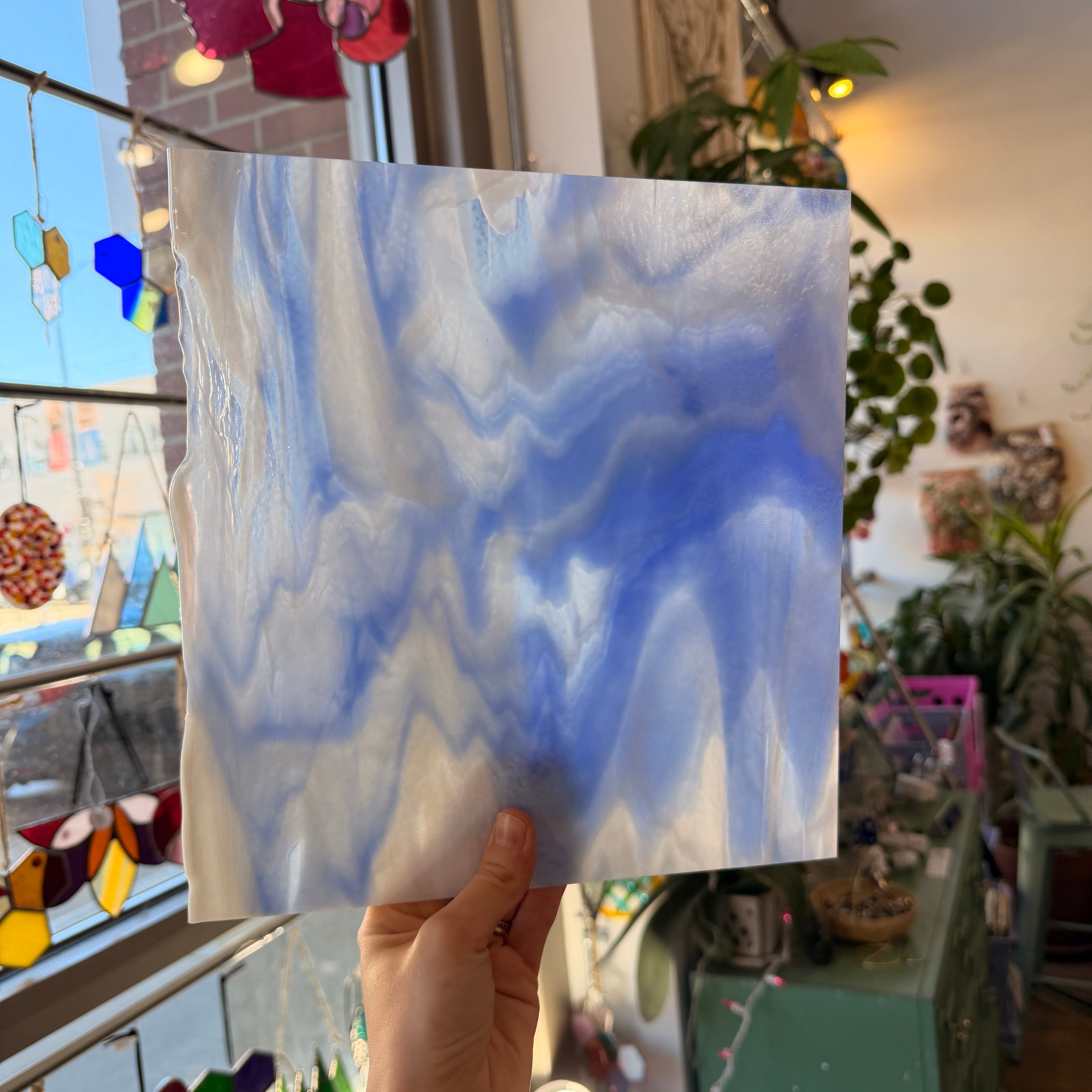 Rocky Mountain Skys Dark Blue White Clear Iridescent Fusible 90 COE Sheet Glass Colorado Glassworks