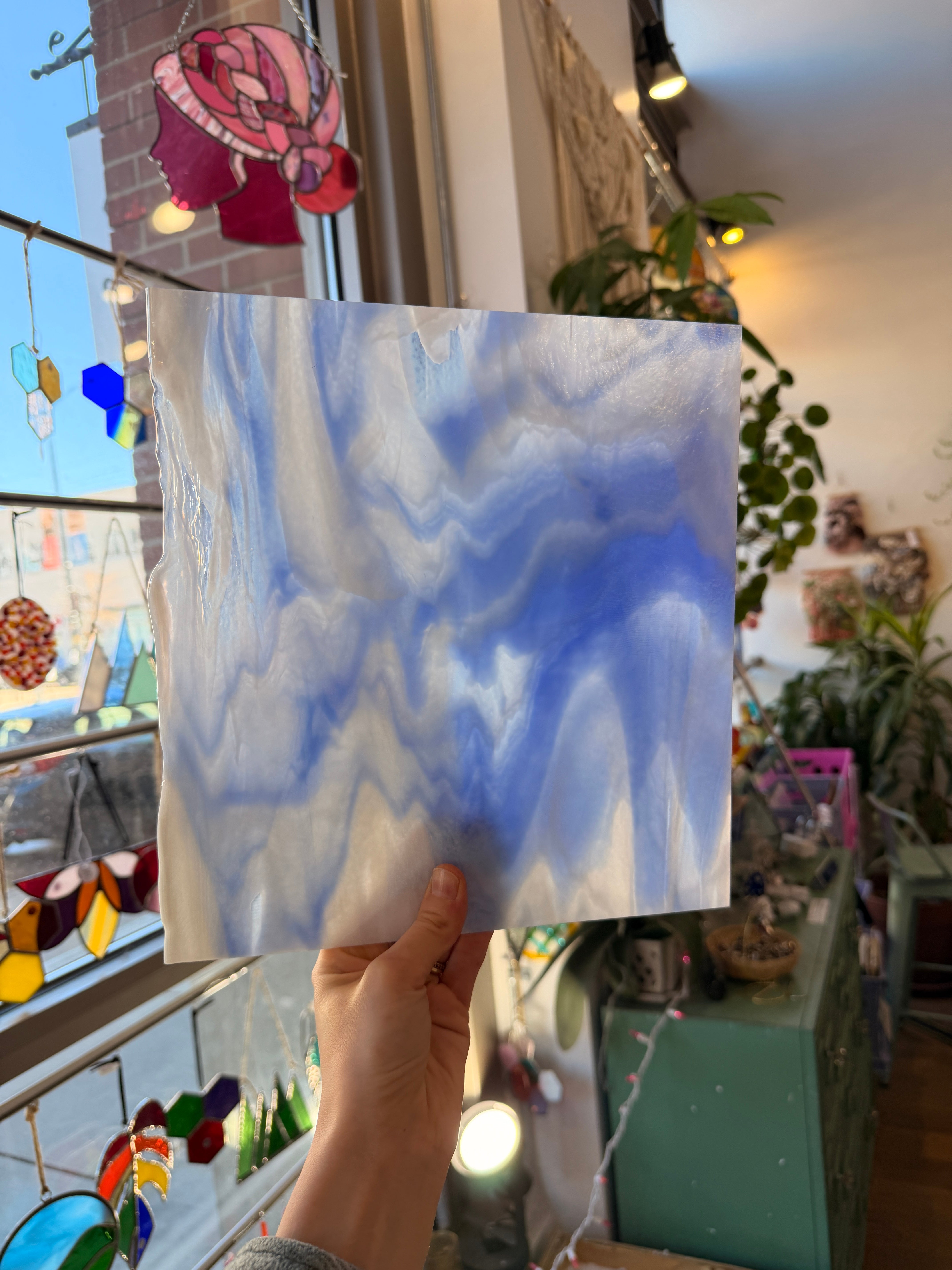 Rocky Mountain Skys Dark Blue White Clear Iridescent Fusible 90 COE Sheet Glass Colorado Glassworks