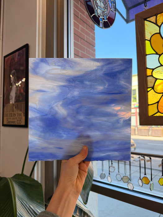 Rocky Mountain Skys Dark Blue White Clear Iridescent Fusible 90 COE Sheet Glass Colorado Glassworks