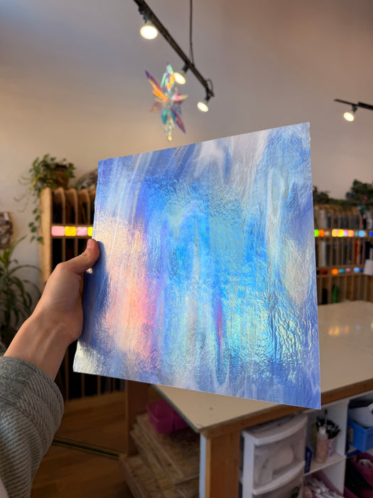Rocky Mountain Skys Dark Blue White Clear Iridescent Fusible 90 COE Sheet Glass Colorado Glassworks