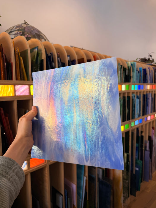 Rocky Mountain Skys Dark Blue White Clear Iridescent Fusible 90 COE Sheet Glass Colorado Glassworks