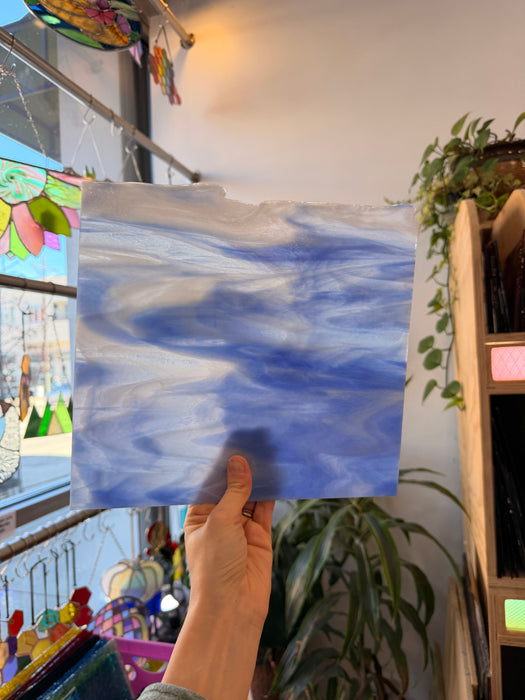 Rocky Mountain Skys Dark Blue White Clear Iridescent Fusible 90 COE Sheet Glass Colorado Glassworks