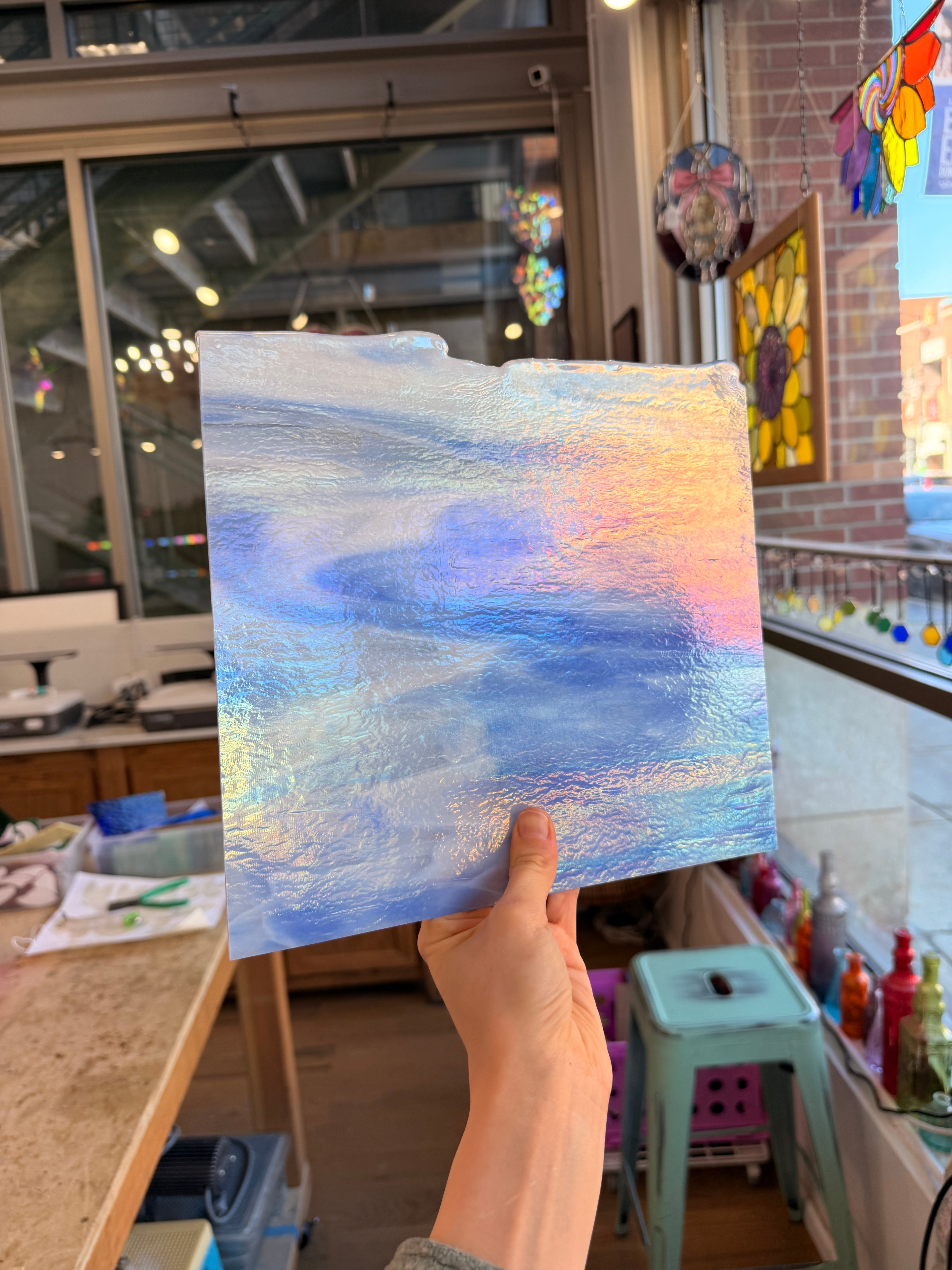 Rocky Mountain Skys Dark Blue White Clear Iridescent Fusible 90 COE Sheet Glass Colorado Glassworks