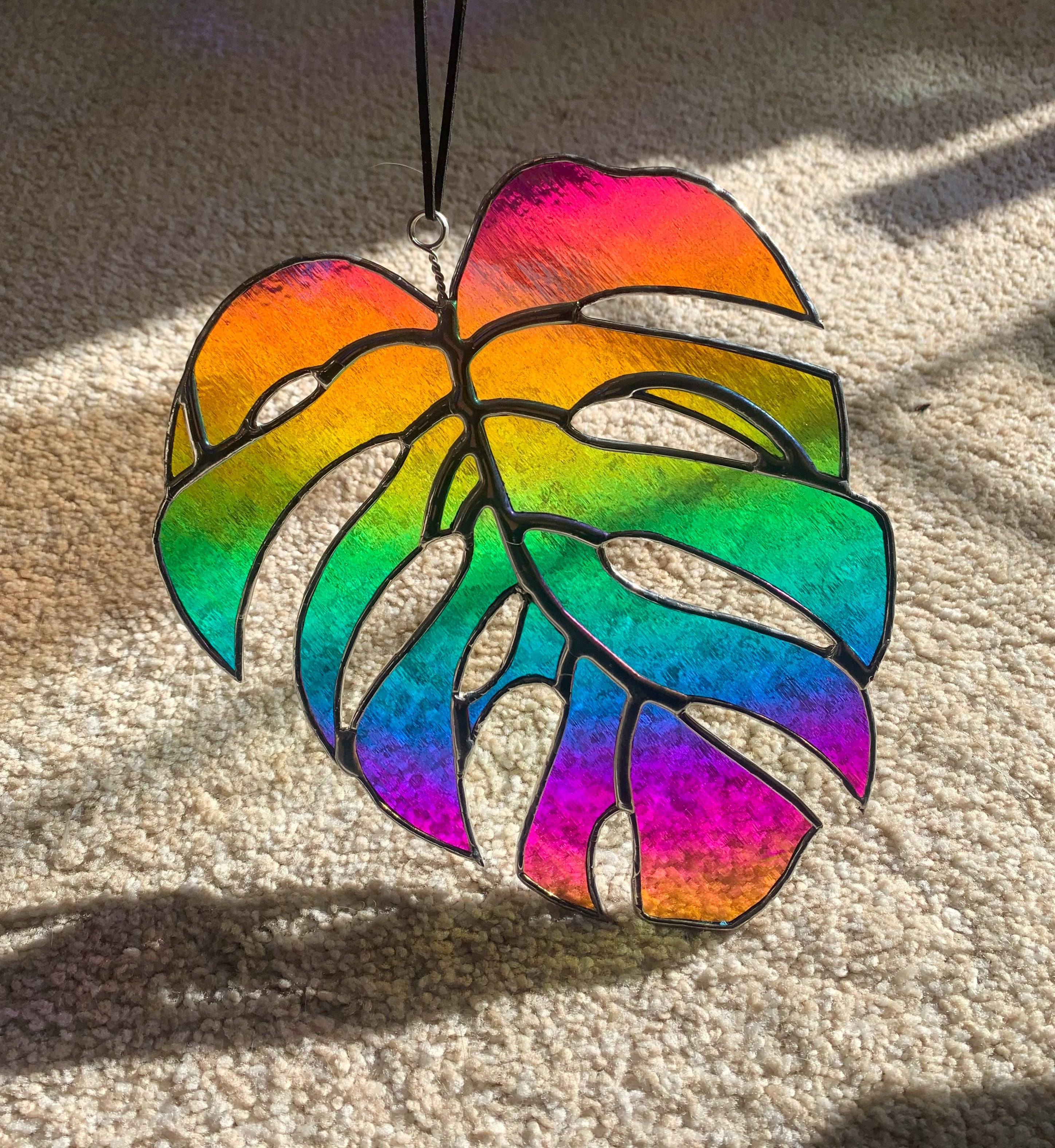 Rainbow leaf stained glass art
