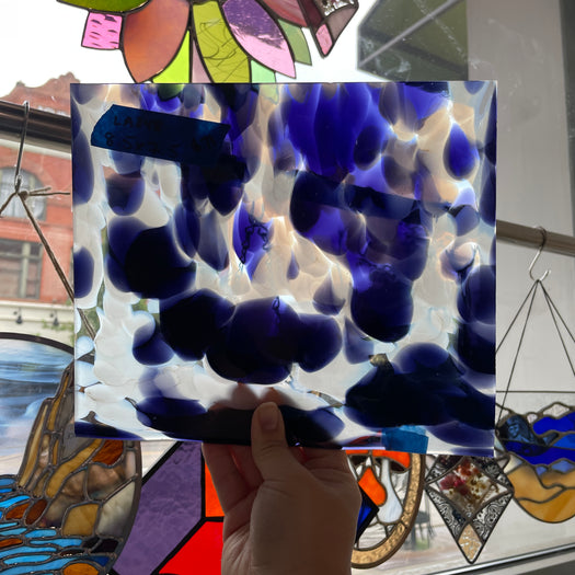 Violet Blue White Frit on Clear Lamberts Mouthblown Glass Sheet Glass Colorado Glassworks