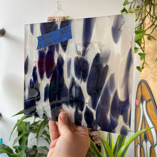 Violet Blue White Frit on Clear Lamberts Mouthblown Glass Sheet Glass Colorado Glassworks LA847 (8.5x7in)
