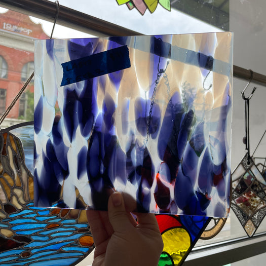 Violet Blue White Frit on Clear Lamberts Mouthblown Glass Sheet Glass Colorado Glassworks