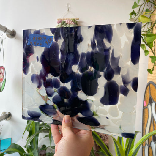 Violet Blue White Frit on Clear Lamberts Mouthblown Glass Sheet Glass Colorado Glassworks LA846 (9.5x7in)