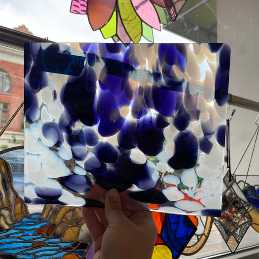 Violet Blue White Frit on Clear Lamberts Mouthblown Glass Sheet Glass Colorado Glassworks