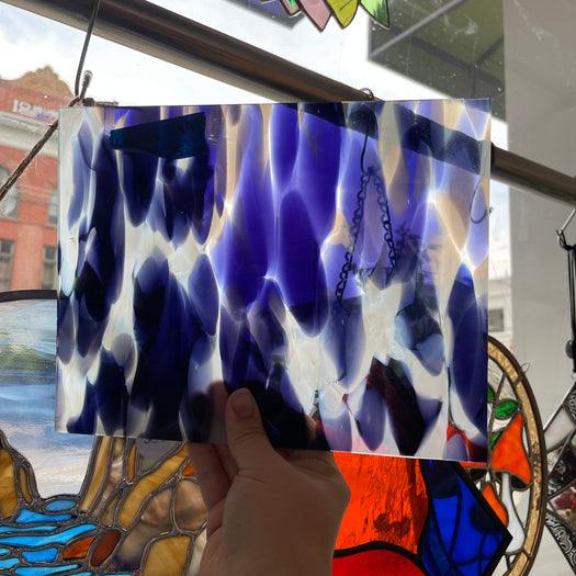 Violet Blue White Frit on Clear Lamberts Mouthblown Glass Sheet Glass Colorado Glassworks