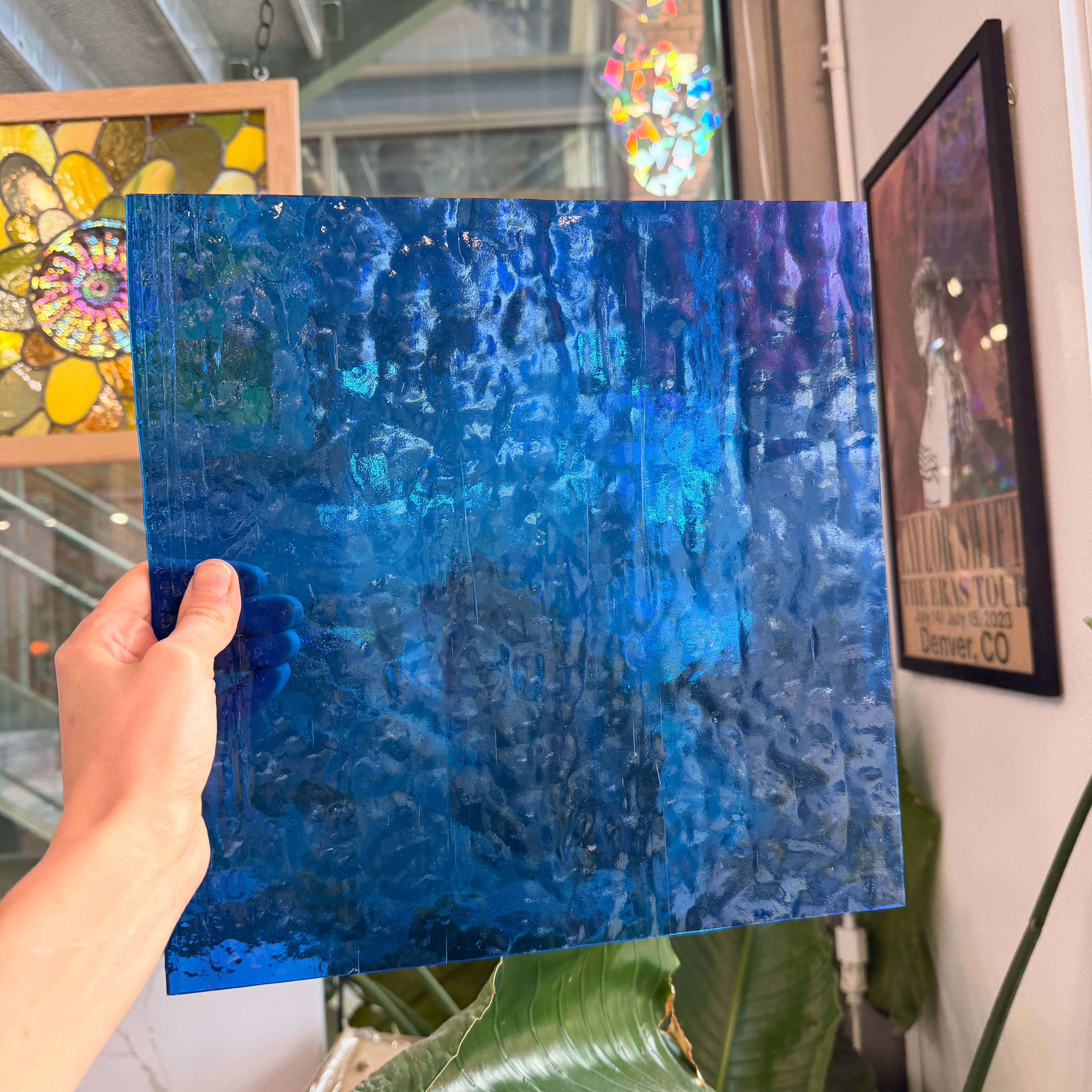 Medium Blue Transparent Hammered Textured Sheet Glass