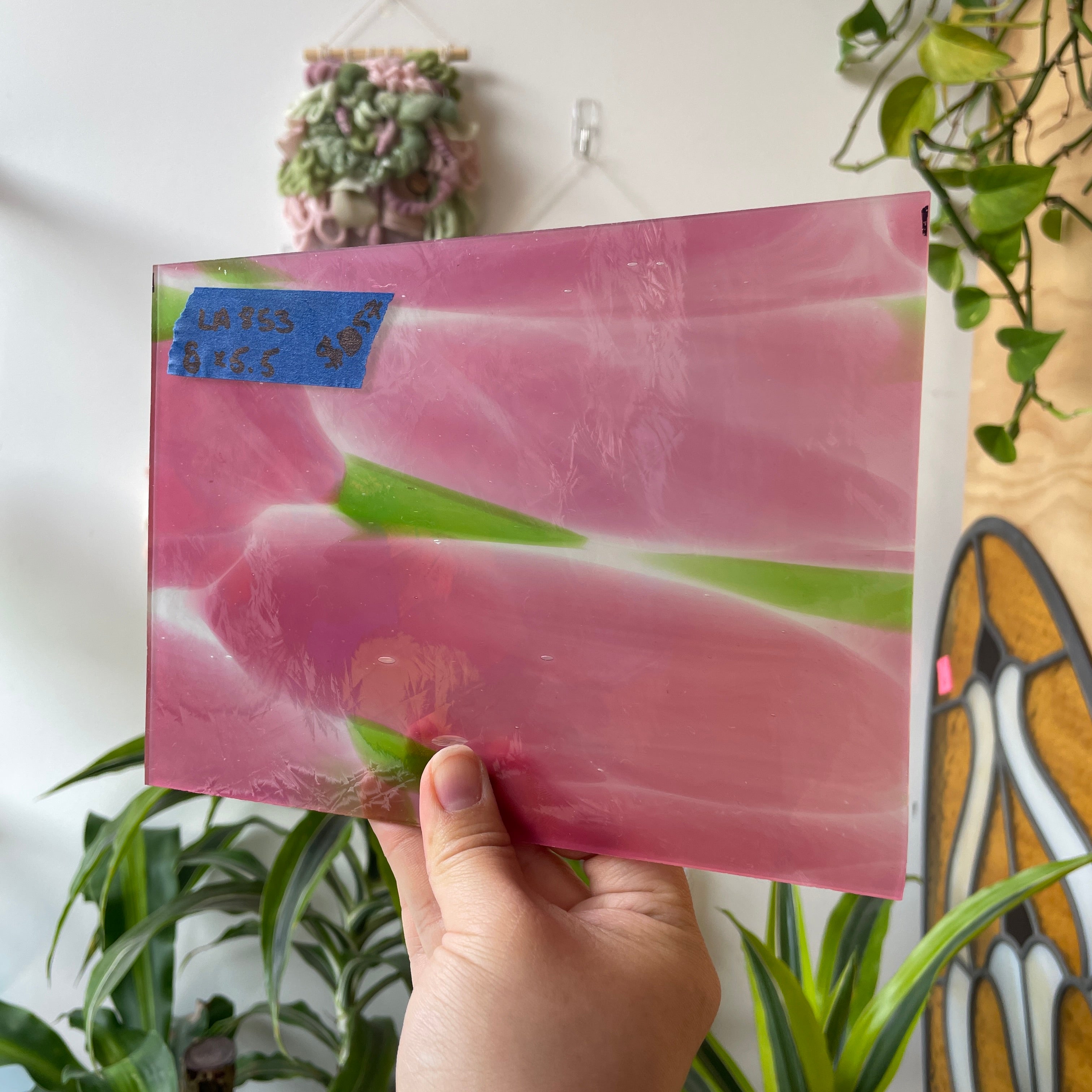 Large Pink Green White Mouth Blown Lamberts Sheet Glass Colorado Glass Works LA853 (8x5.5in)
