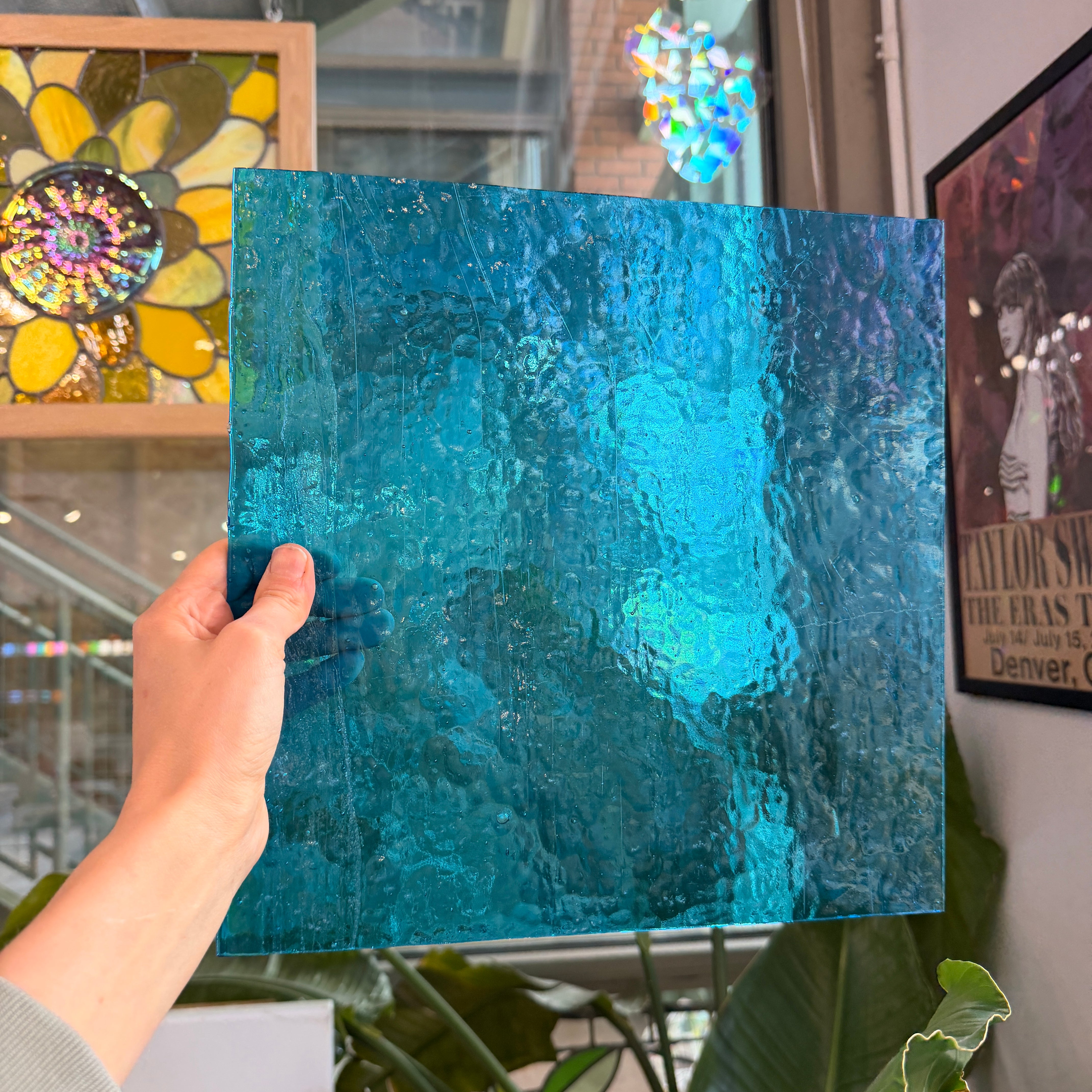 Aqua Blue Transparent Hammered Textured Sheet Glass