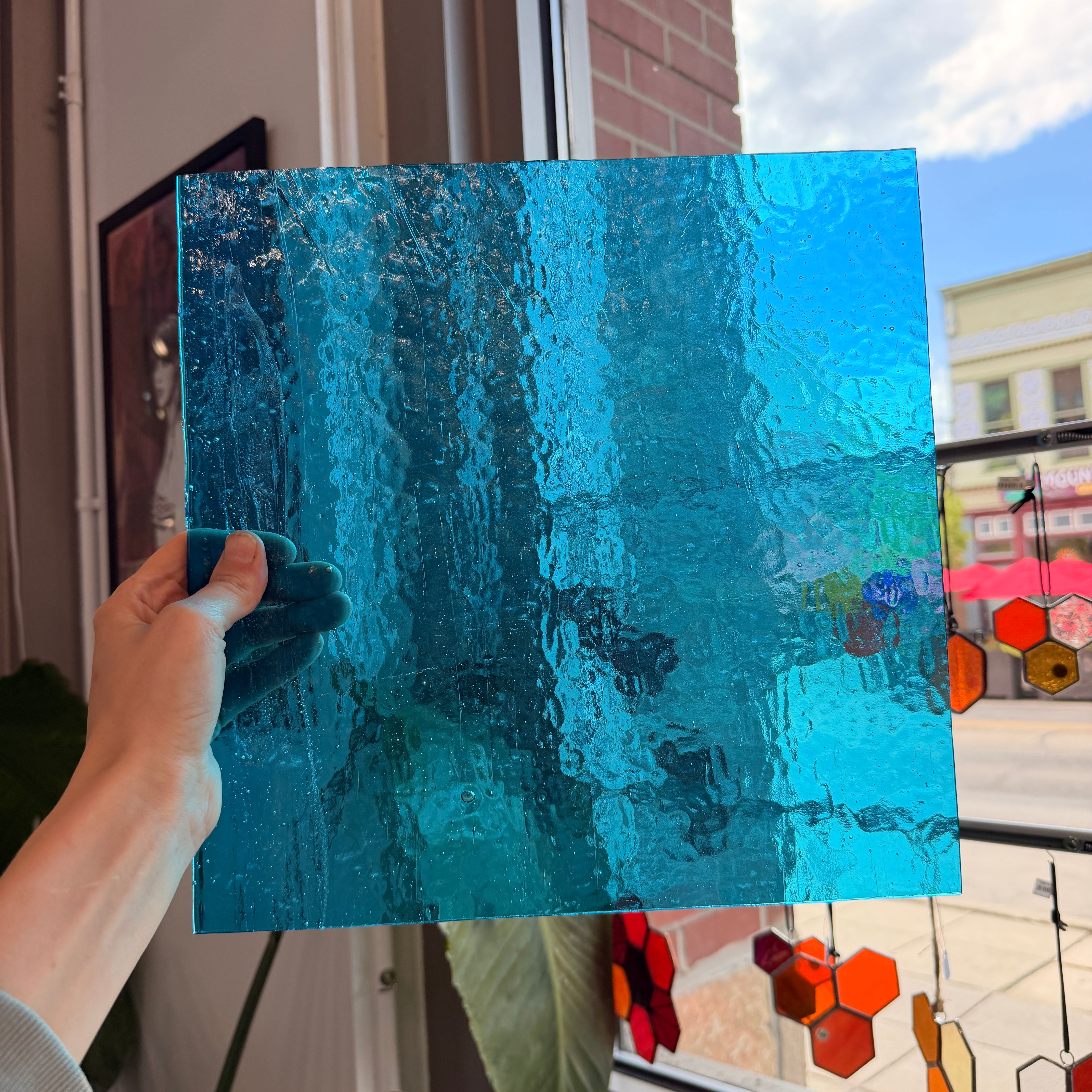 Aqua Blue Transparent Hammered Textured Sheet Glass