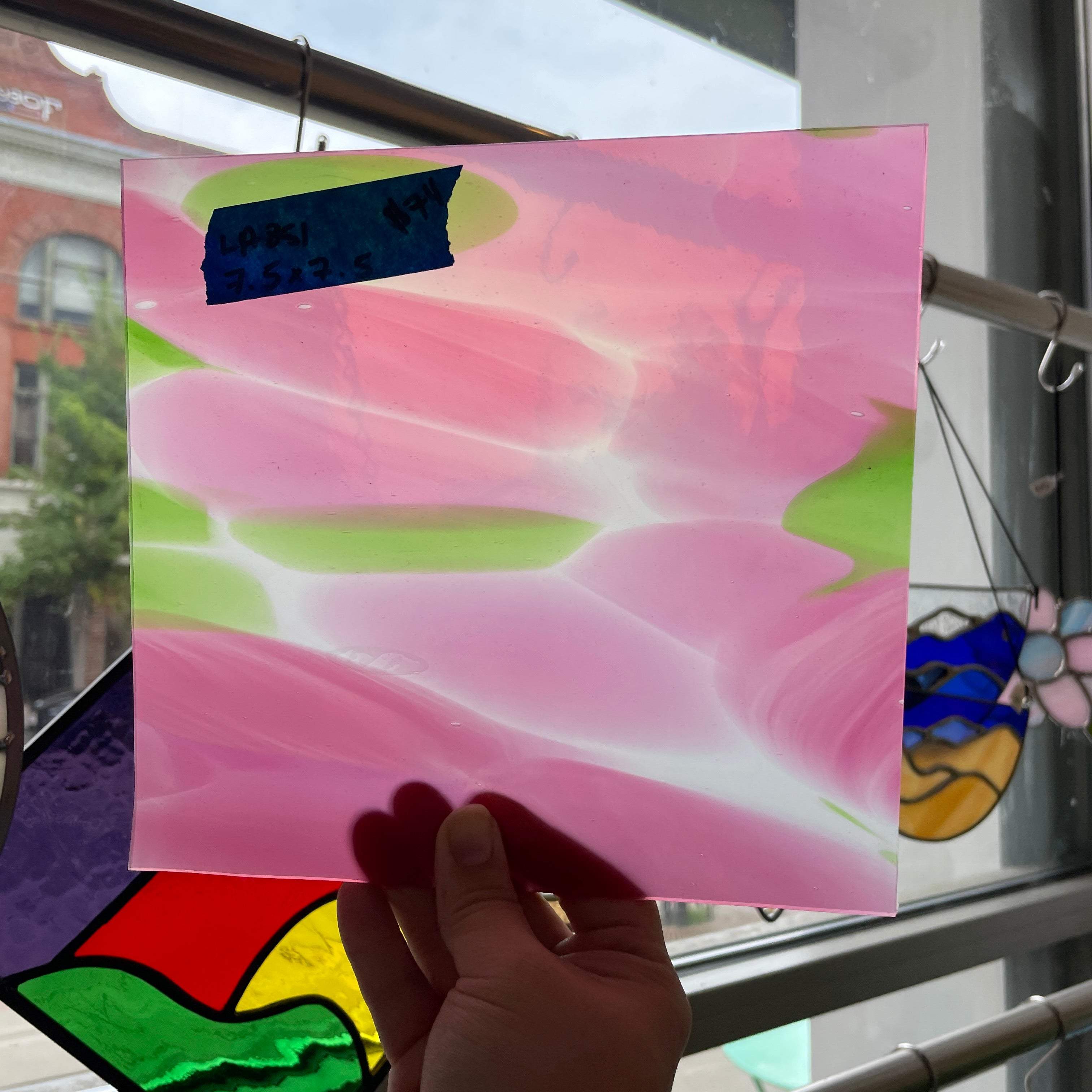 Large Pink Green White Mouth Blown Lamberts Sheet Glass Colorado Glass Works