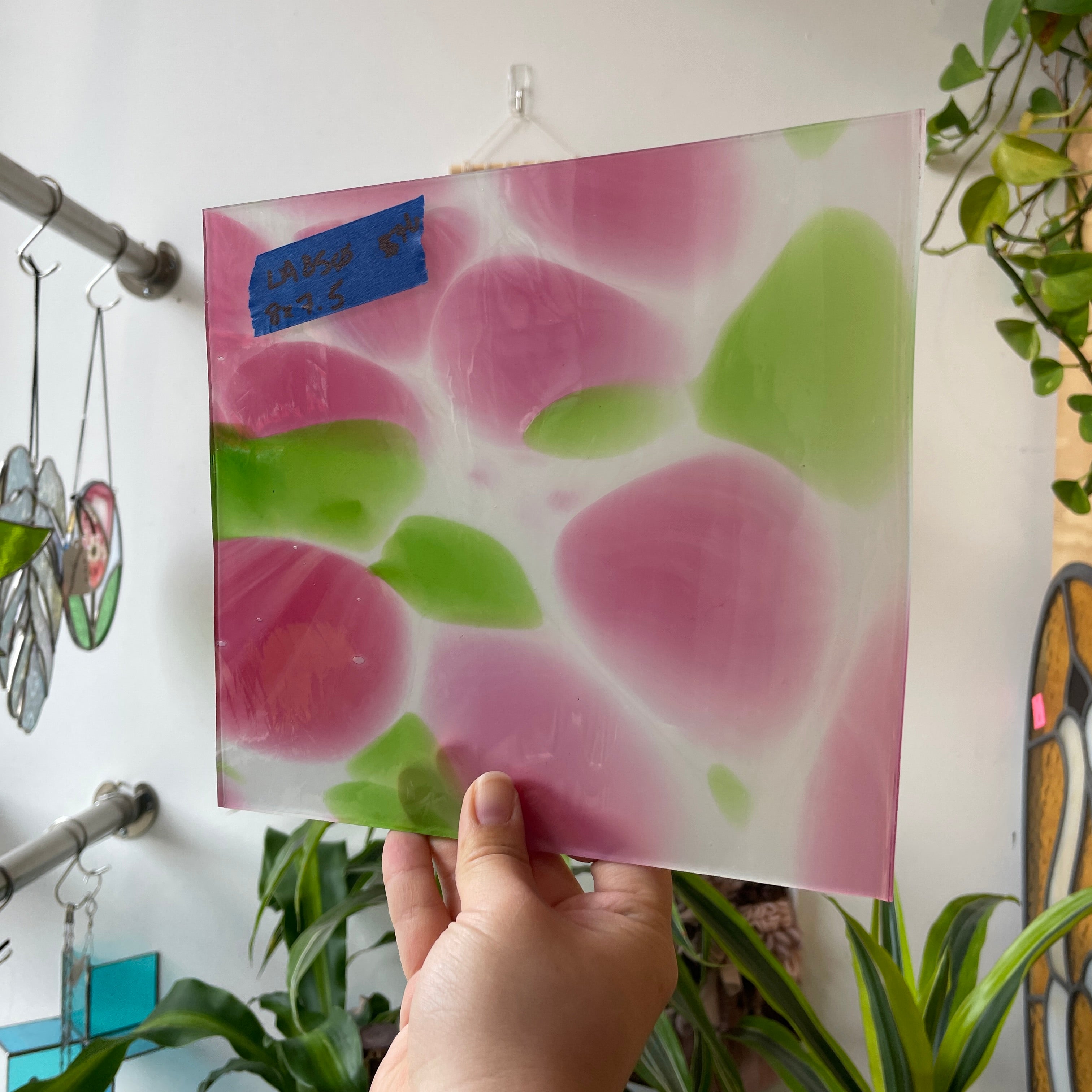 Large Pink Green White Mouth Blown Lamberts Sheet Glass Colorado Glass Works LA850 (8x7.5in)