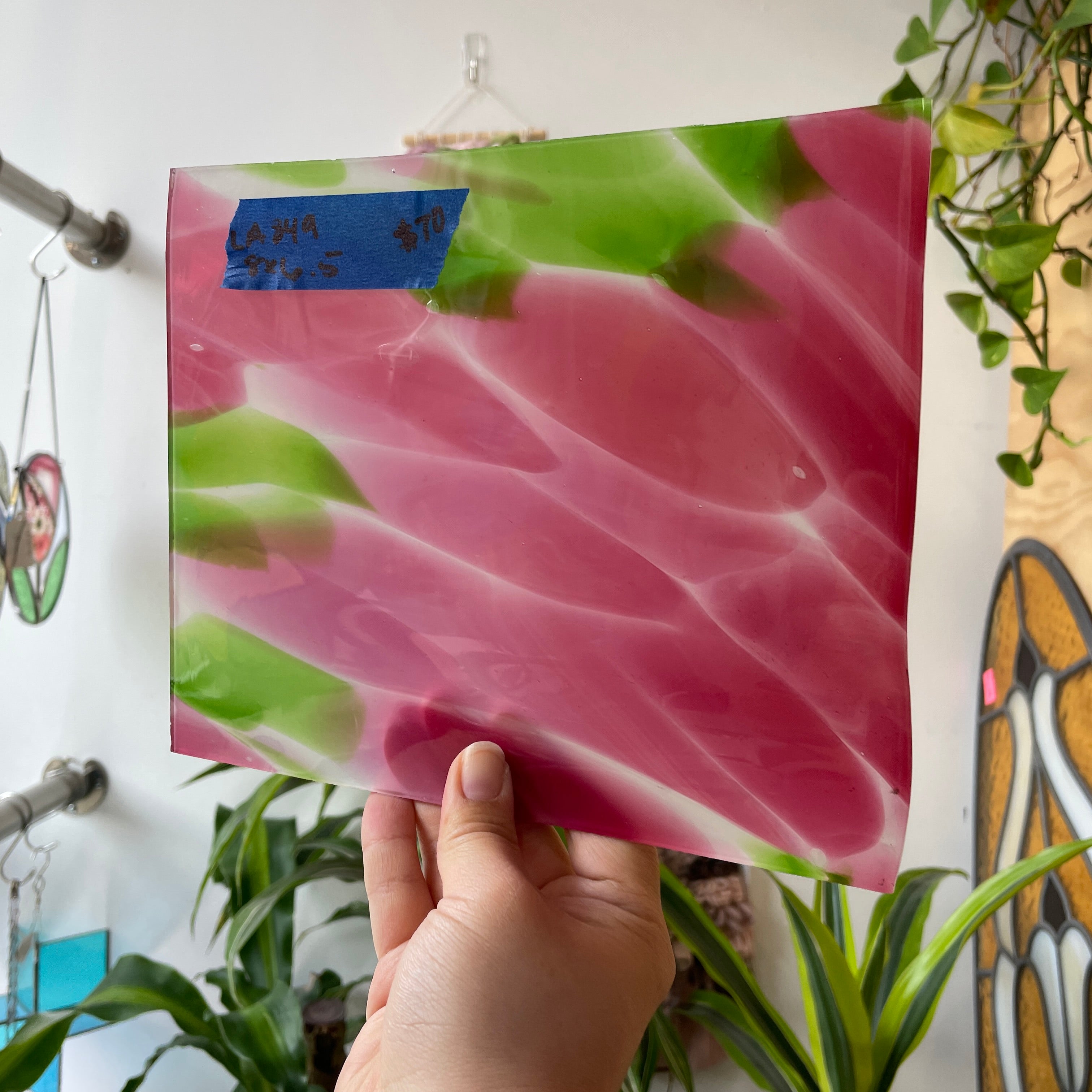 Large Pink Green White Mouth Blown Lamberts Sheet Glass Colorado Glass Works LA849 (8x6.5in)