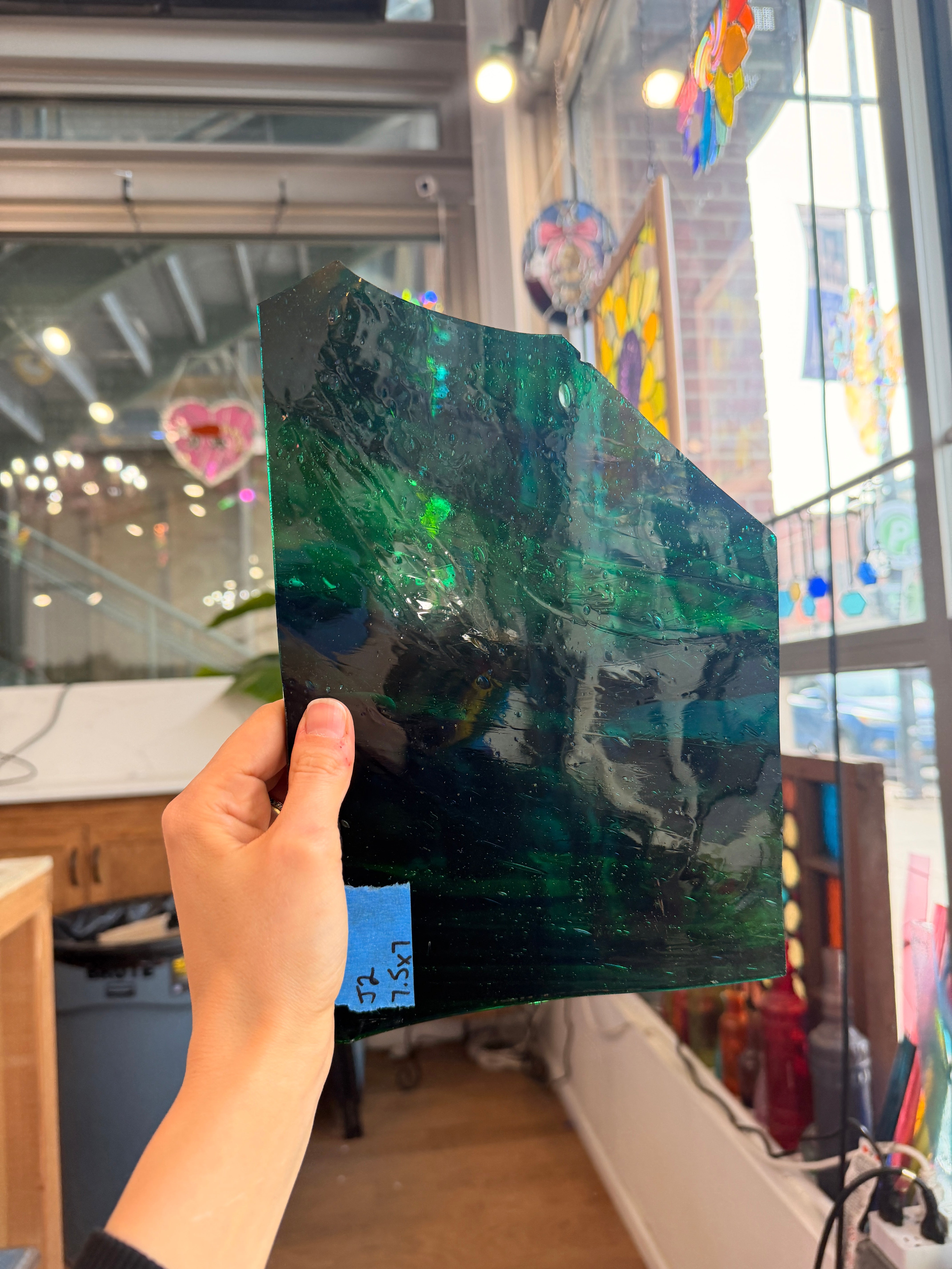 Mixed Green Blue Mouth Blown Lamberts Sheet Glass Colorado Glassworks 7.5x7in (LA-53044013)