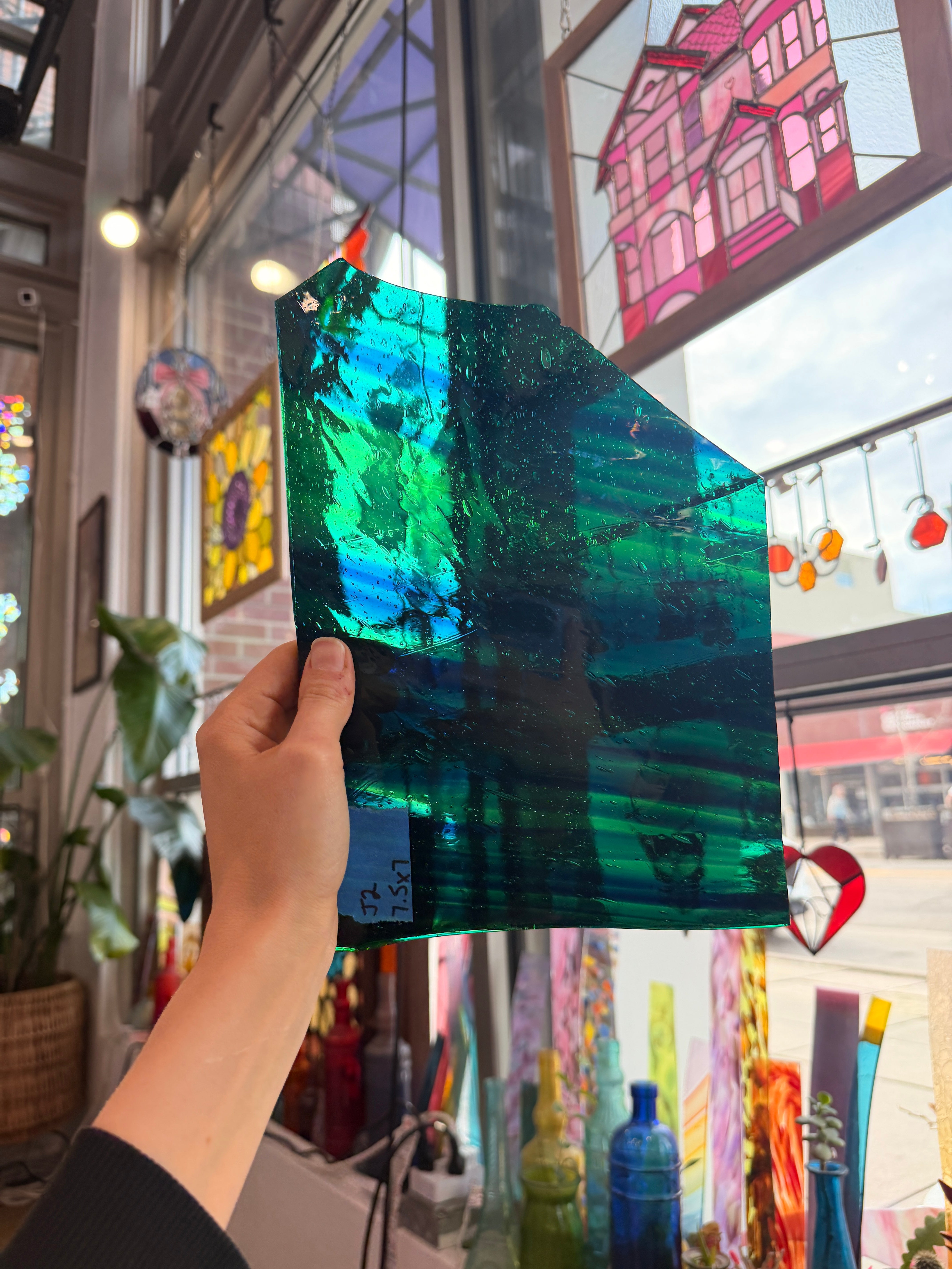 Mixed Green Blue Mouth Blown Lamberts Sheet Glass Colorado Glassworks