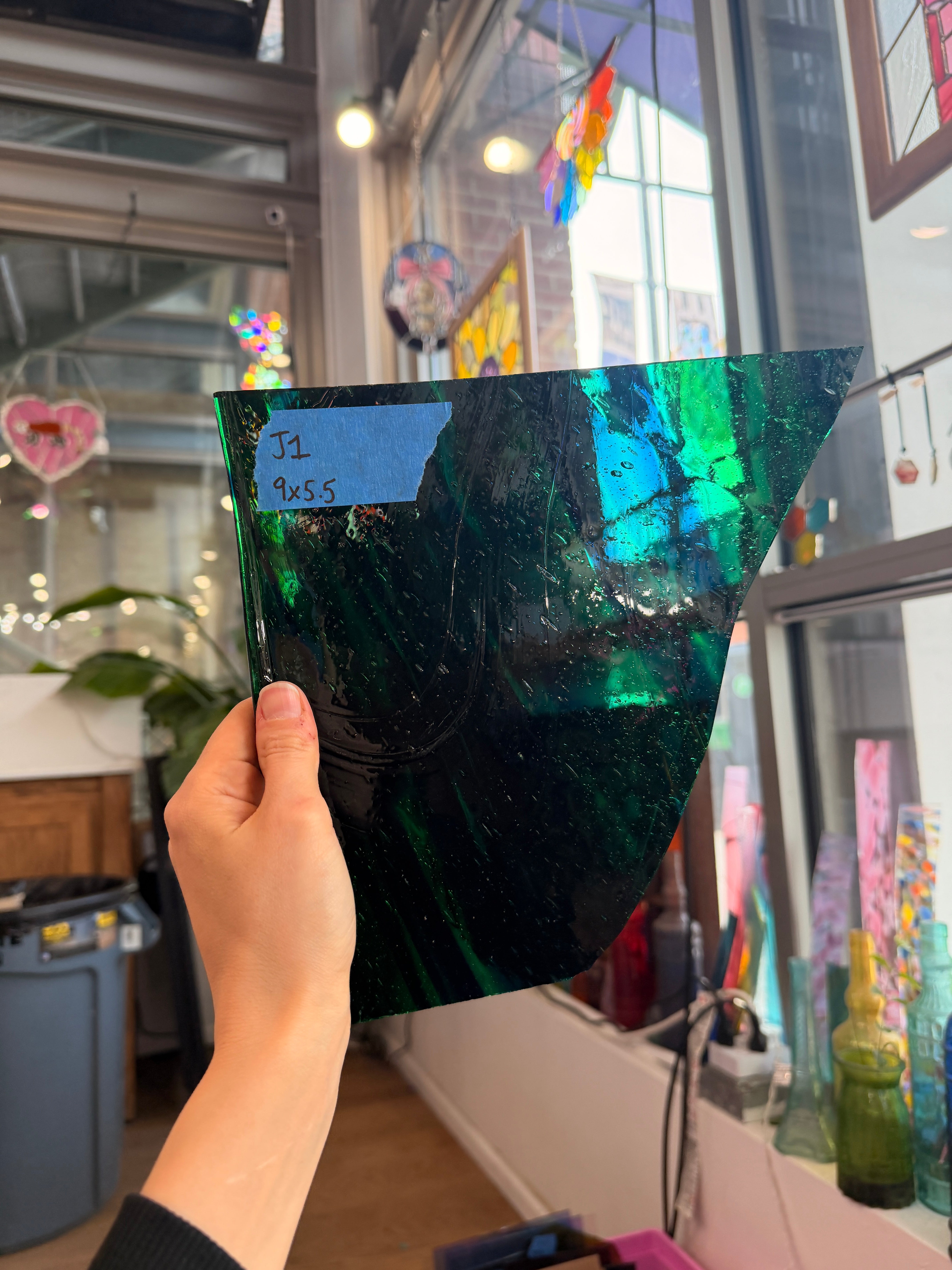 Mixed Green Blue Mouth Blown Lamberts Sheet Glass Colorado Glassworks