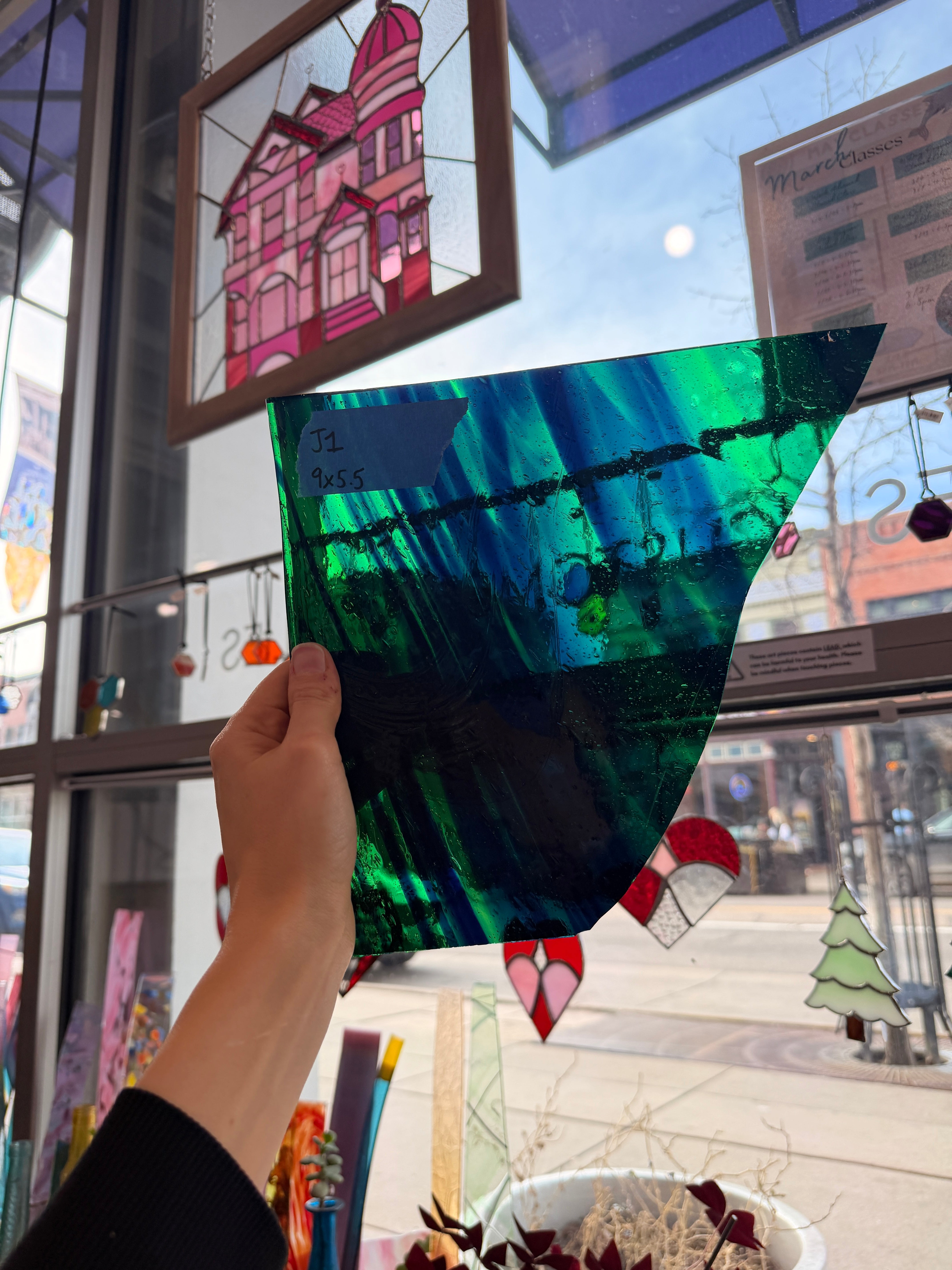 Mixed Green Blue Mouth Blown Lamberts Sheet Glass Colorado Glassworks 9x5.5in (LA-55075629)