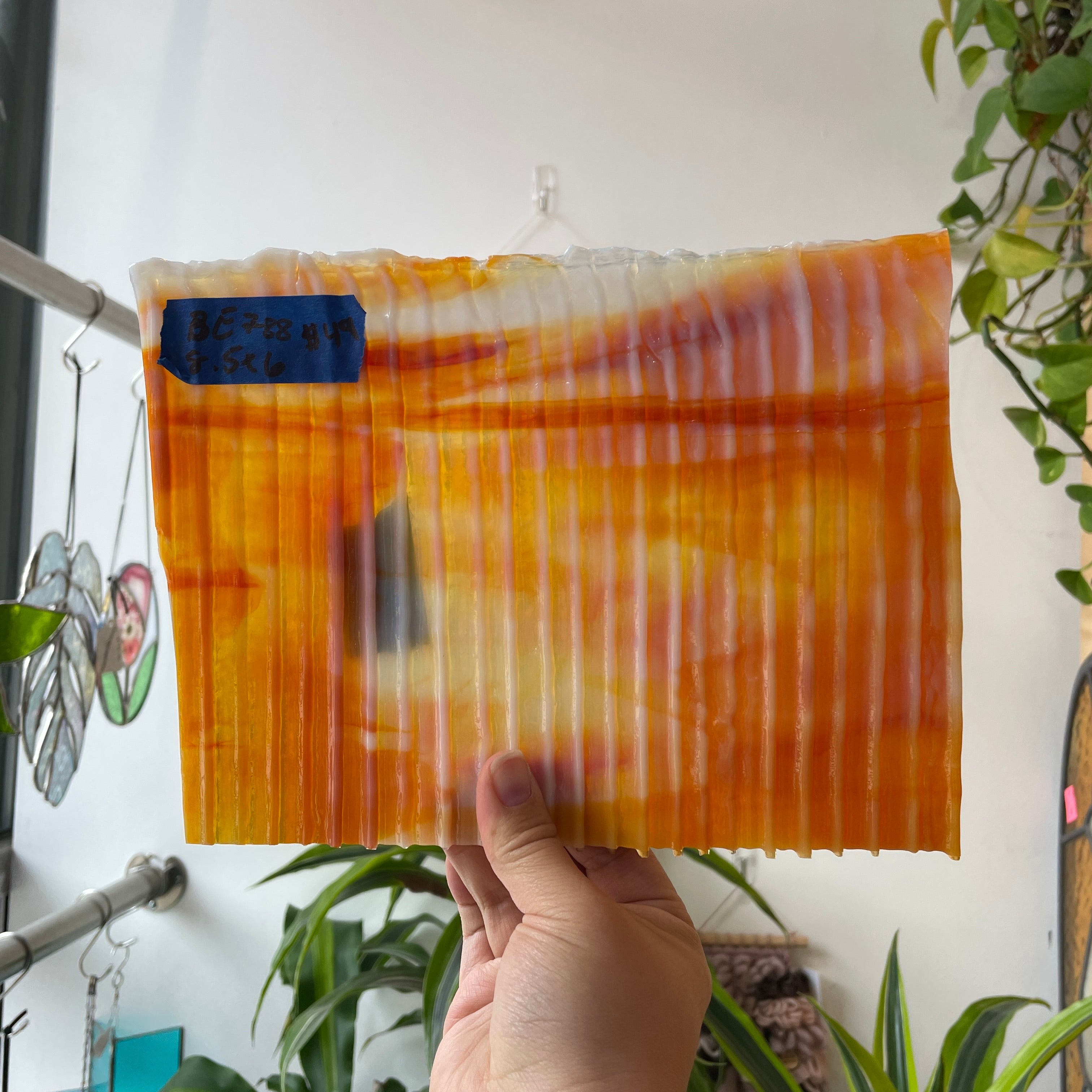 Vintage Orange White Wispy Drapery Bullseye Sheet Glass Colorado Glassworks BE788 (8.5x6in)
