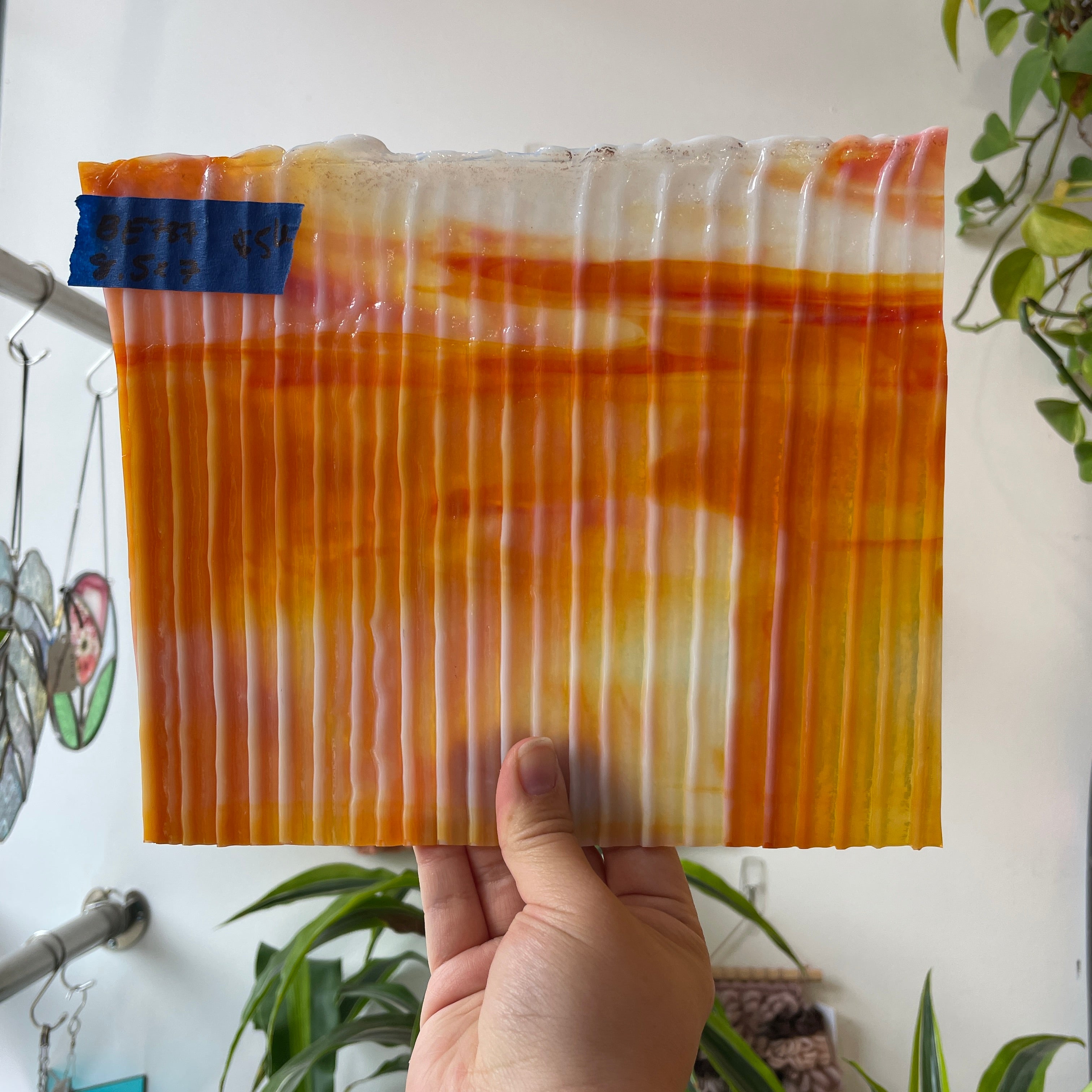 Vintage Orange White Wispy Drapery Bullseye Sheet Glass Colorado Glassworks BE787 (8.5x7in)