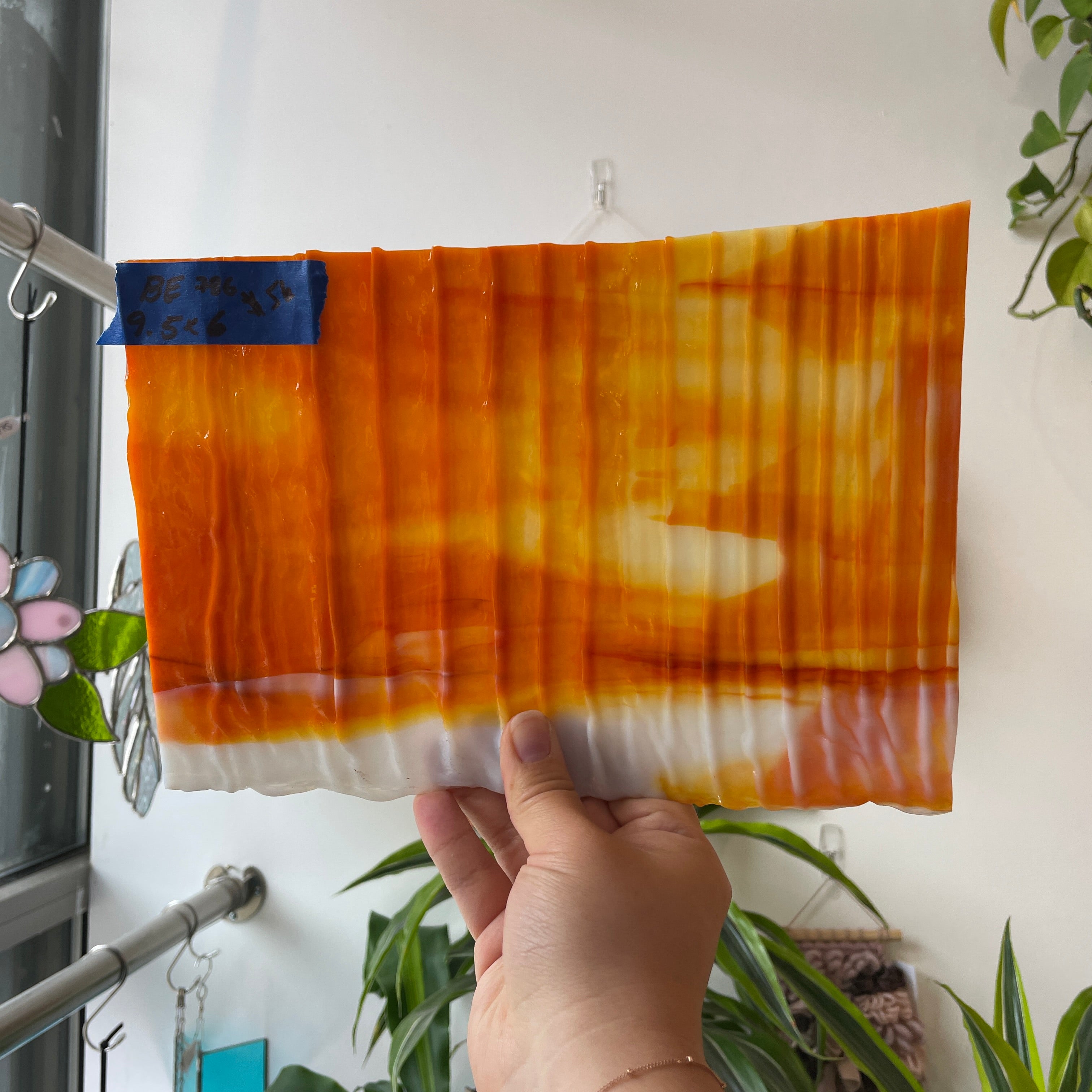 Vintage Orange White Wispy Drapery Bullseye Sheet Glass Colorado Glassworks BE786 (9.5x6in)