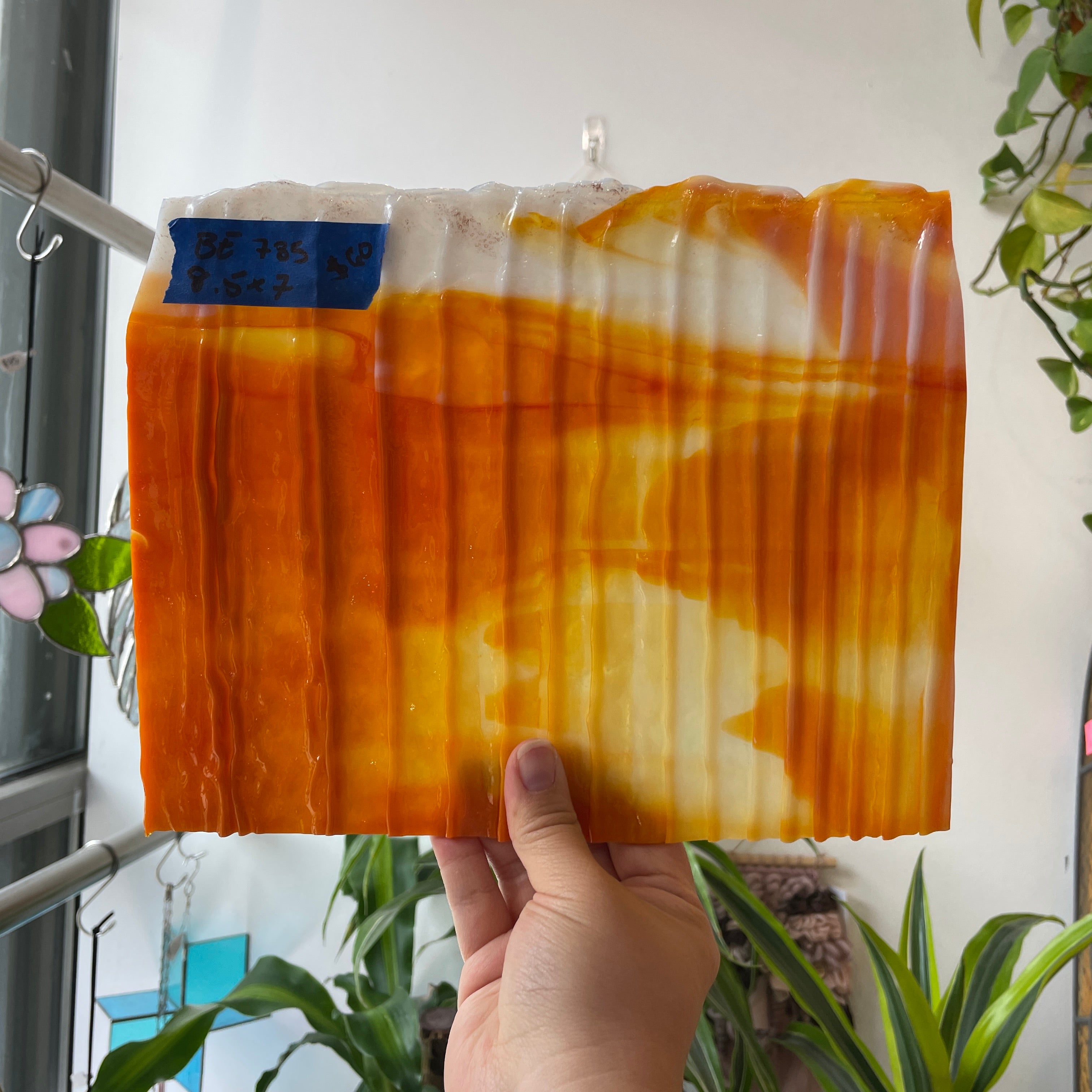 Vintage Orange White Wispy Drapery Bullseye Sheet Glass Colorado Glassworks BE785 (8.5x7in)